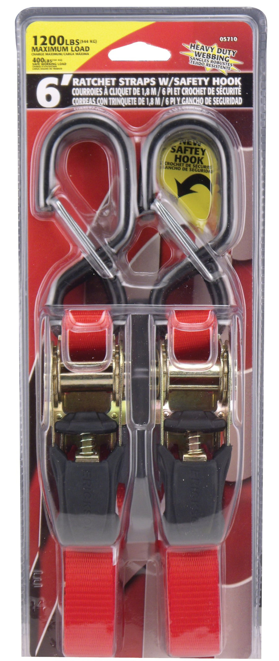 1" x 6' Heavy Duty Motorcycle Ratchet Strap Erickson with Safety Hook, (Pack of 2)