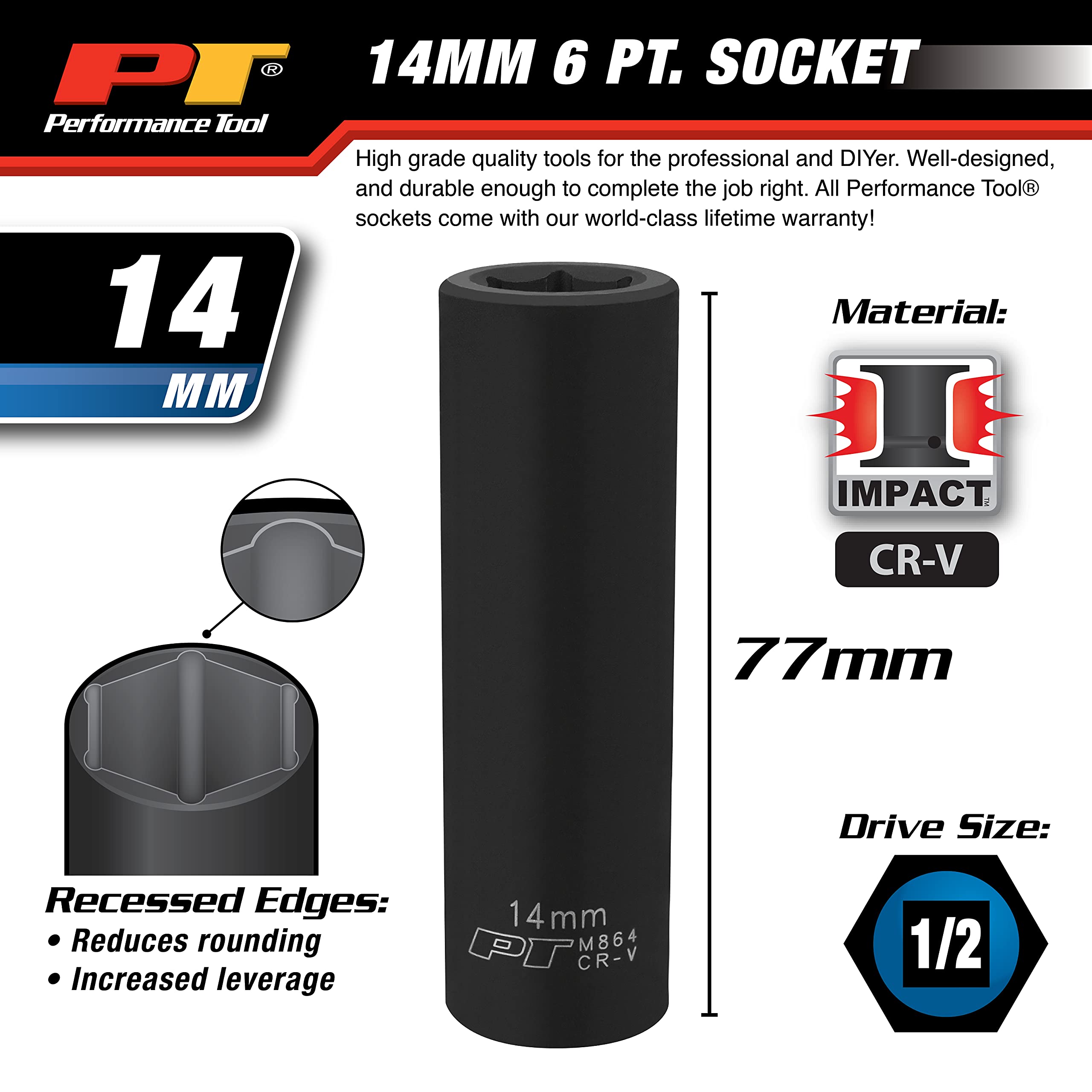 M864 Performance Tool 1/2 Drive 6pt Impact Socket, 14mm