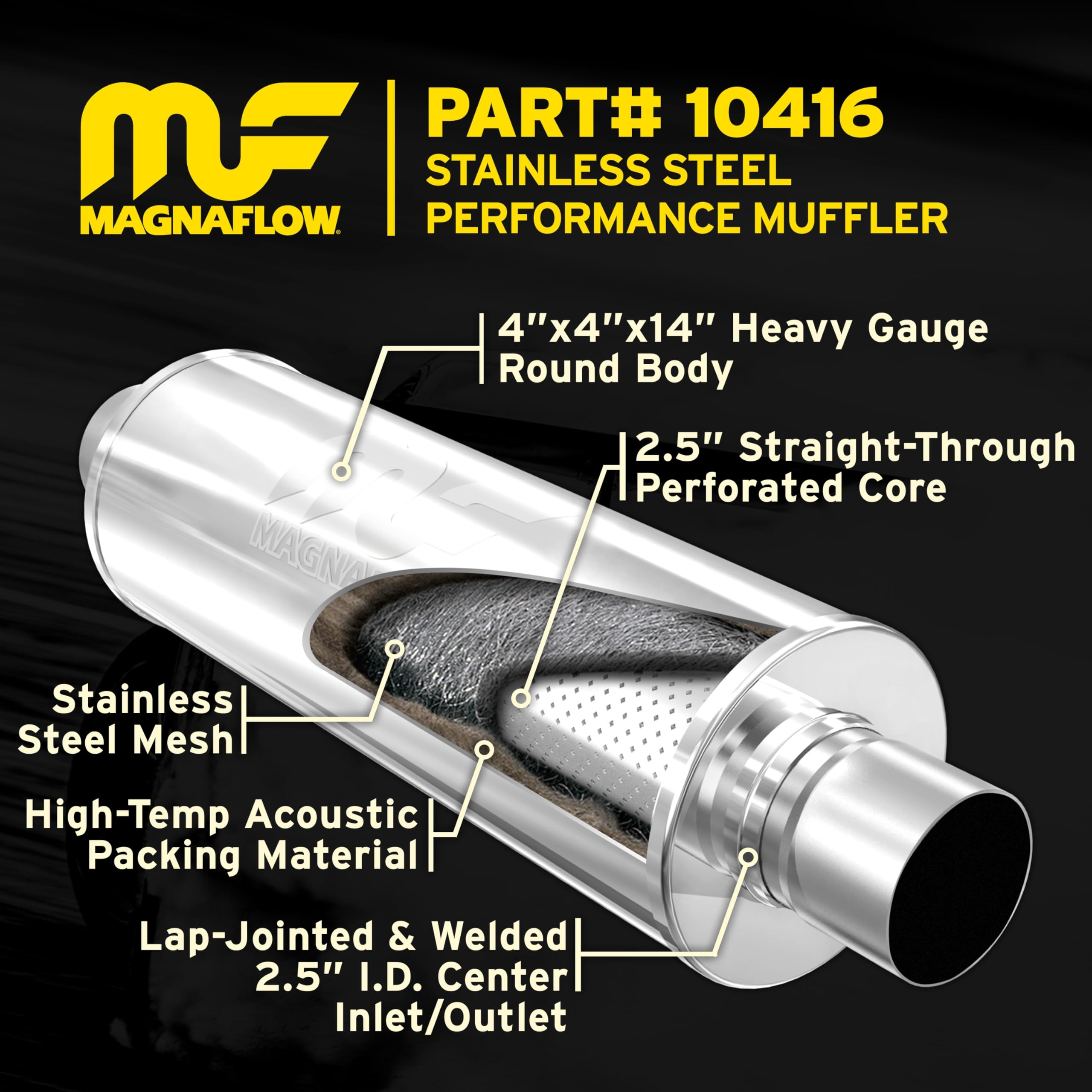 MagnaFlow Exhaust Performance Muffler 10416: 2.5"/2.5" Inlet/Outlet, 4x4x14" Round, Stainless Steel, Satin Finish