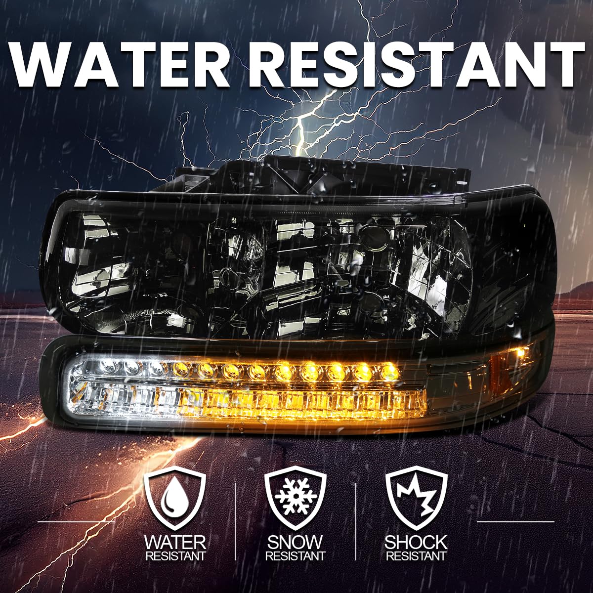 Smoke Headlights + LED Bumper Lights SPEC-D TUNING Compatible with 1999-2002 Chevy Silverado 2000-2006 Tahoe Suburban, Left + Right Pair Headlamps Assembly