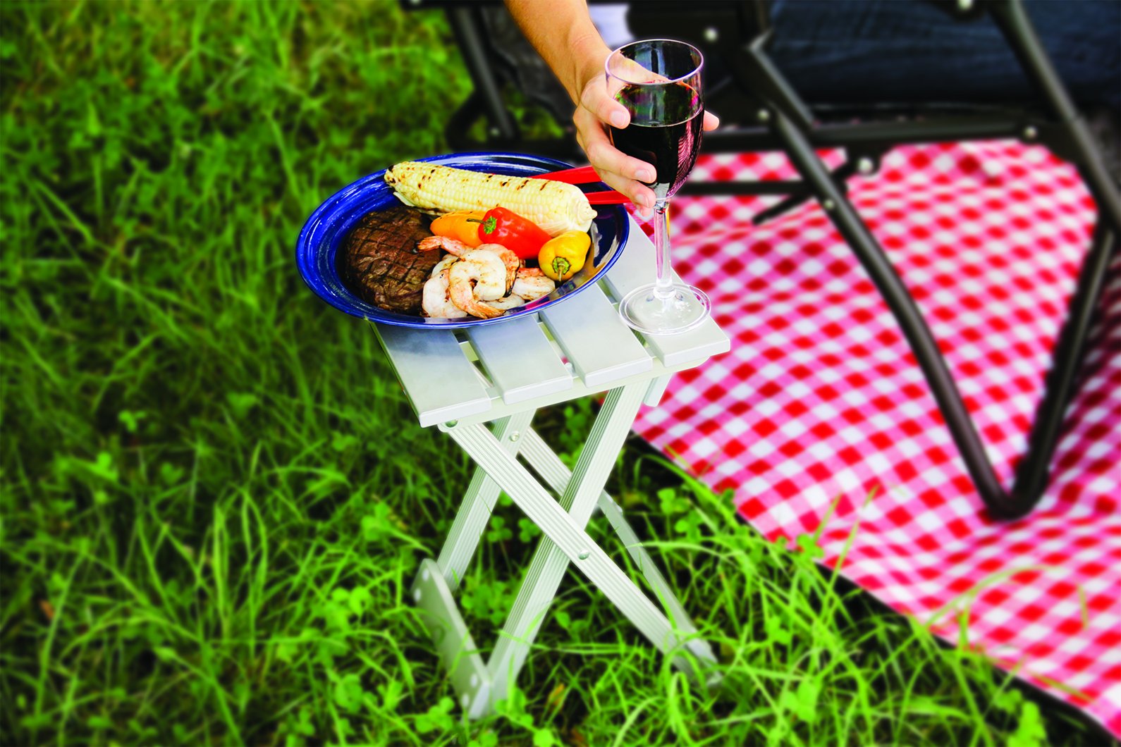 Camco Small Aluminum Outdoor Side Table - Folding Camping Table Supports Up to 130lb - Features Durable Construction Aluminum - Collapses for Easy RV Storage - (51890)