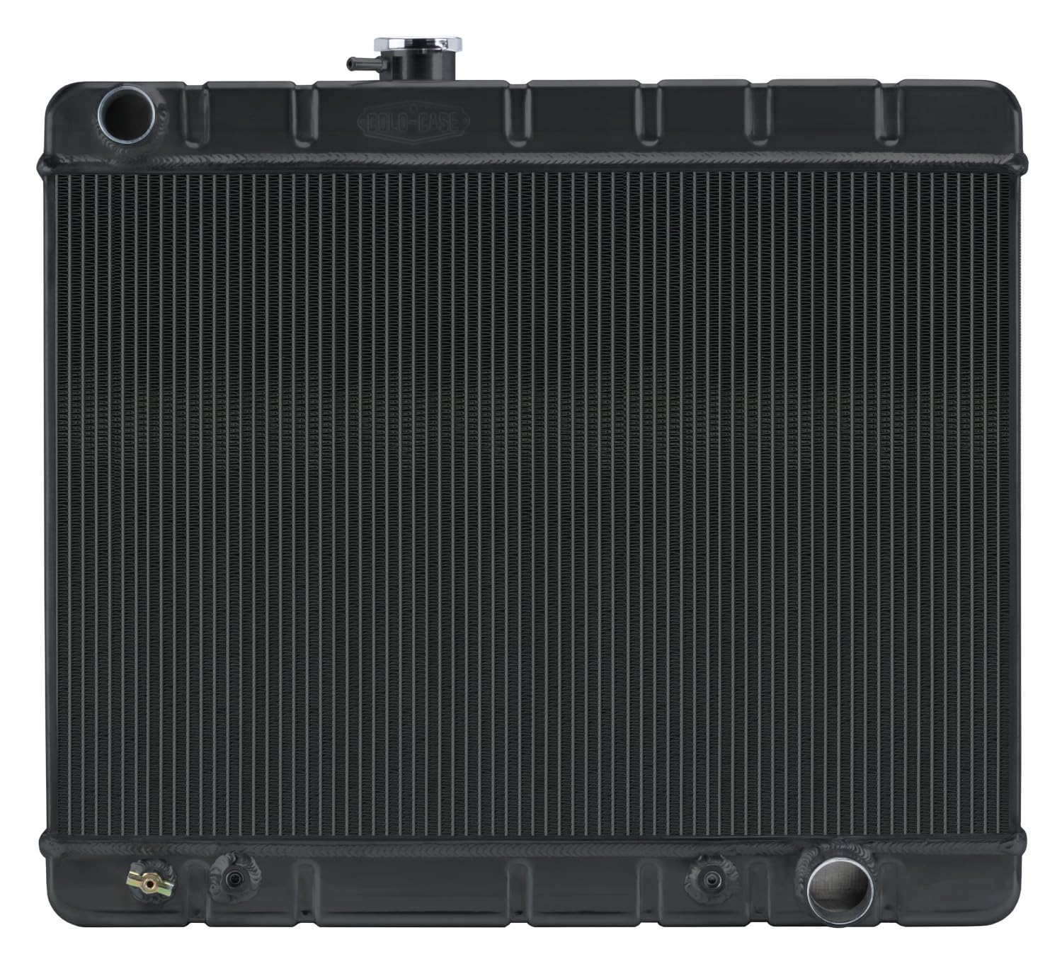 Cold Case Radiator, 25.125 in W Black Night Rider Series x 21.875 in H x 3 in D, Driver Side Inlet, Passenger Side Outlet, Aluminum, Black Paint, Automatic, GM A-Body 1966-67, Each