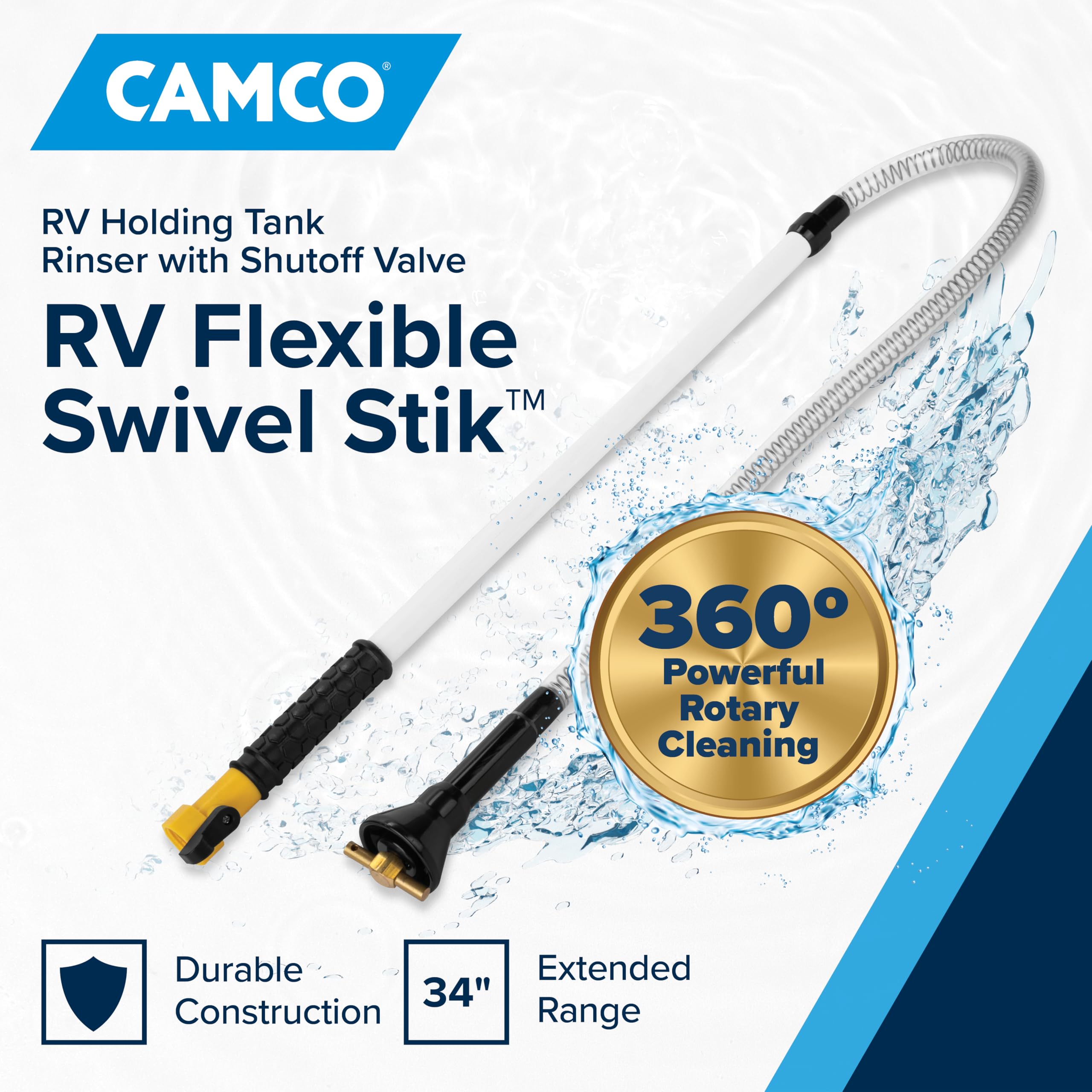 Camco Holding Tank RV Swivel Stik Rinser - Features Powerful Rotary Cleaning Action & 34-Inches of Flexible Reach - Equipped with 1/4 Turn Shutoff Valve & Ergonomic Easy Grip Handle (40074)