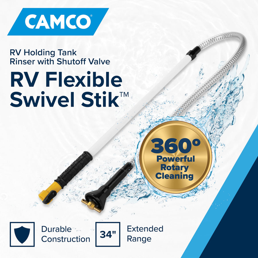 Camco Holding Tank RV Swivel Stik Rinser - Features Powerful Rotary Cleaning Action & 34-Inches of Flexible Reach - Equipped with 1/4 Turn Shutoff Valve & Ergonomic Easy Grip Handle (40074)