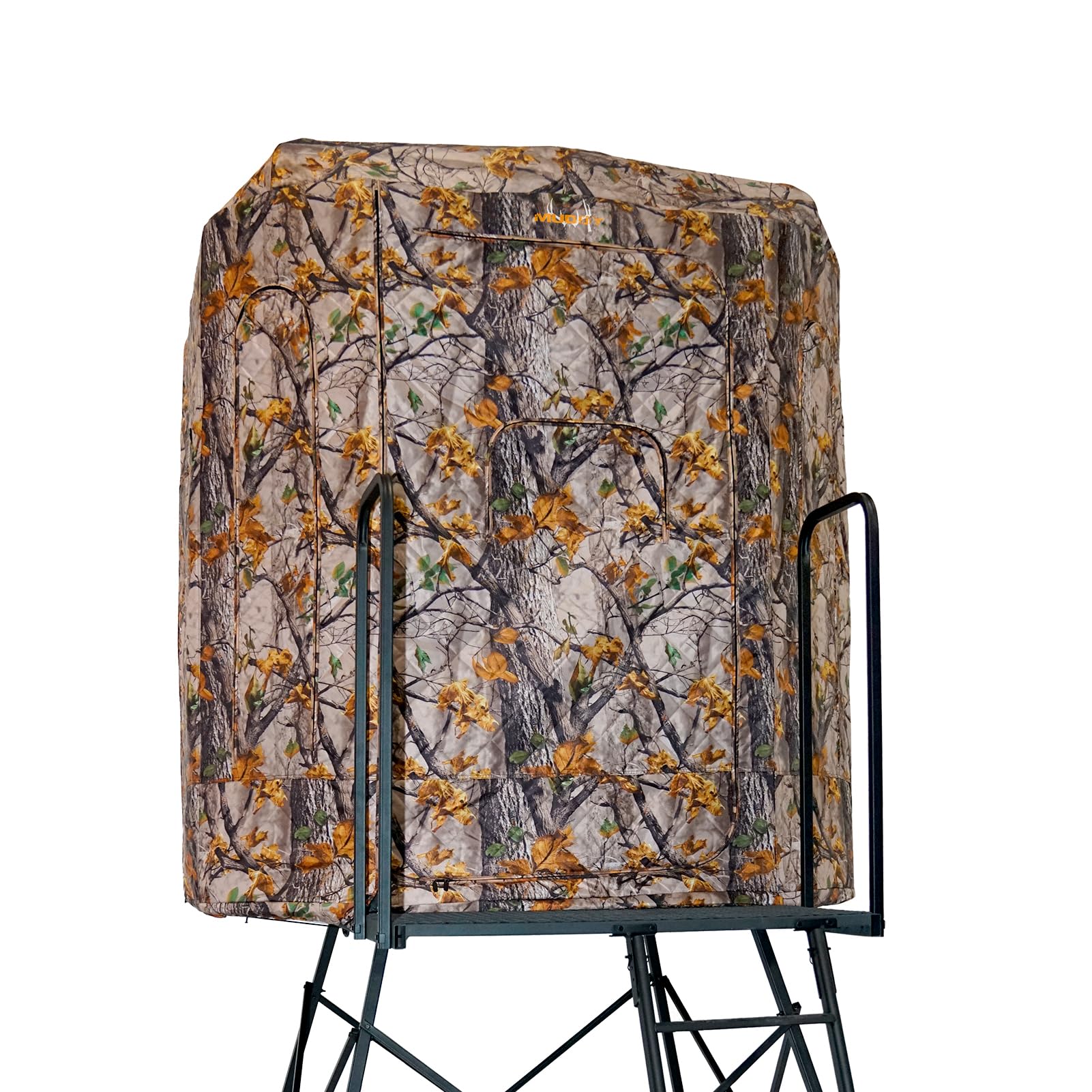 Muddy 360 Soft Side Resistant Heavy-Duty Powder Coated Steel Hunting Blind - Insulated Fabric Walls, Floor Pad, Silent Zipper Window System w/Sliding Mesh Backing - 10ft Deluxe Tower Platform