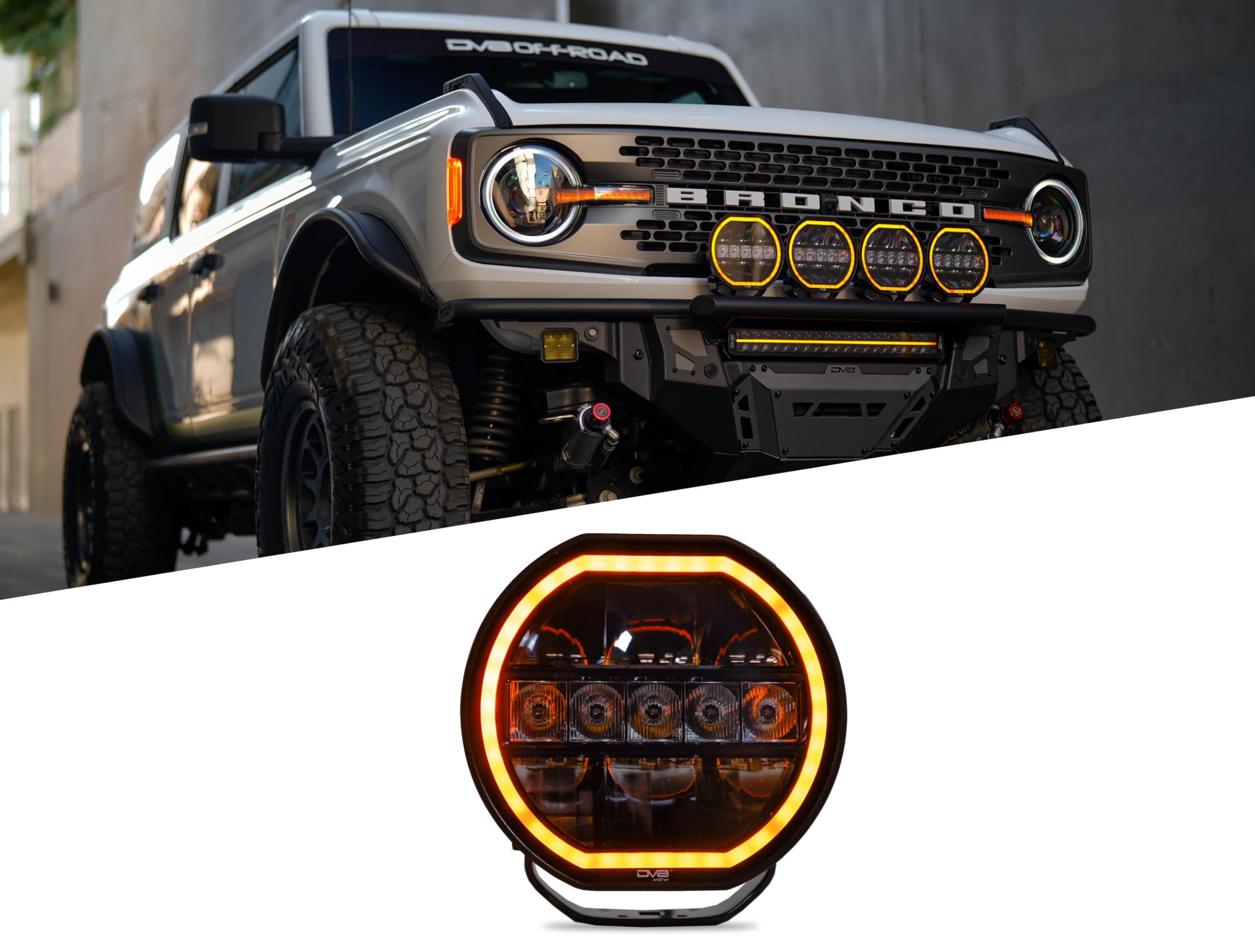 7-Inch DV8 Offroad Halo Elite Round Light with Accent Halo | Driving & Offroad Modes | Flood & Spot Light Pattern | 3,600 Lumens | 5700K Color | Amber or Clear Accent Halo | IP 68 Rated