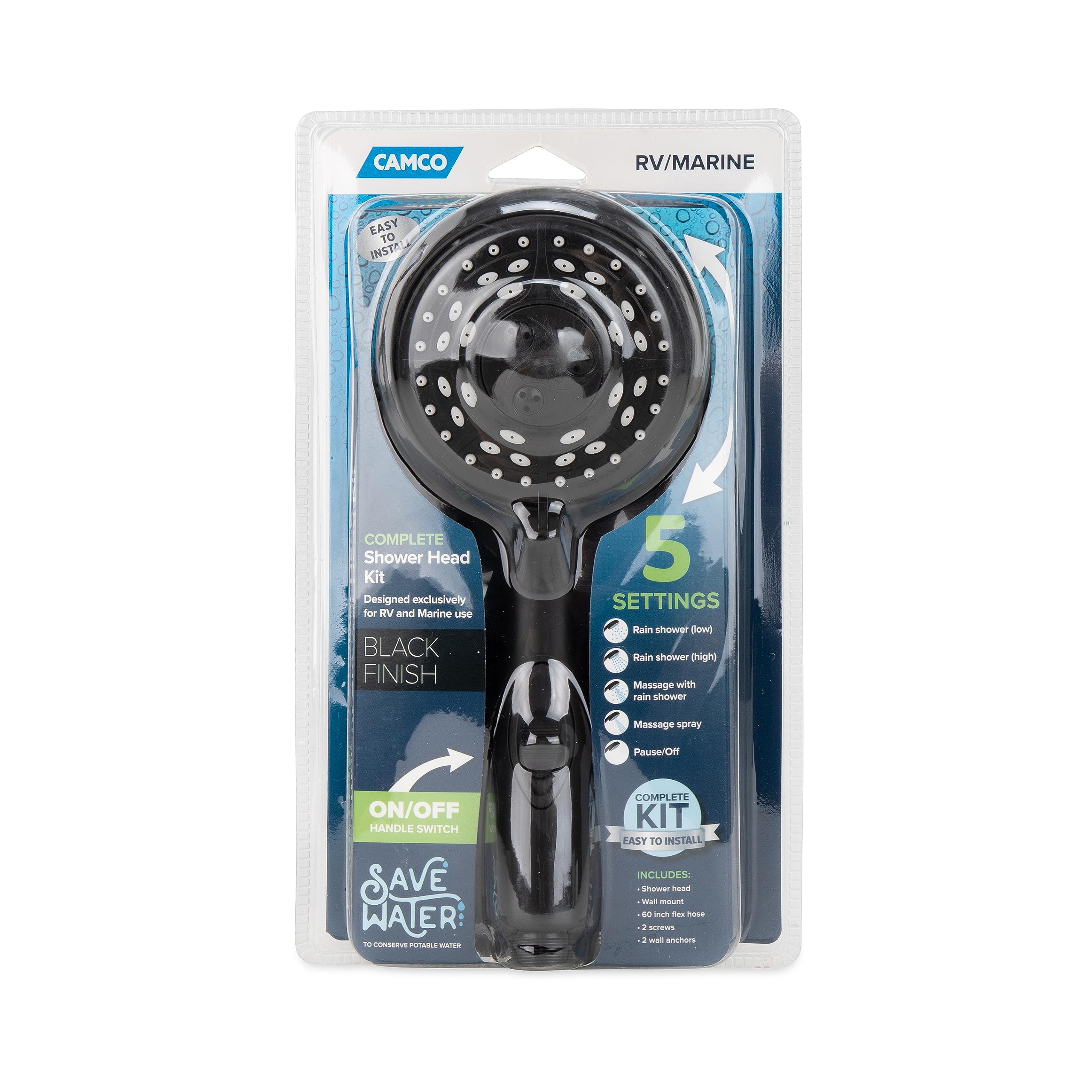 Complete Camco RV/Marine Shower Head Kit | Features Convenient On/Off Switch for Water Efficient Showers | 5 Spray Patterns | Black (43744)