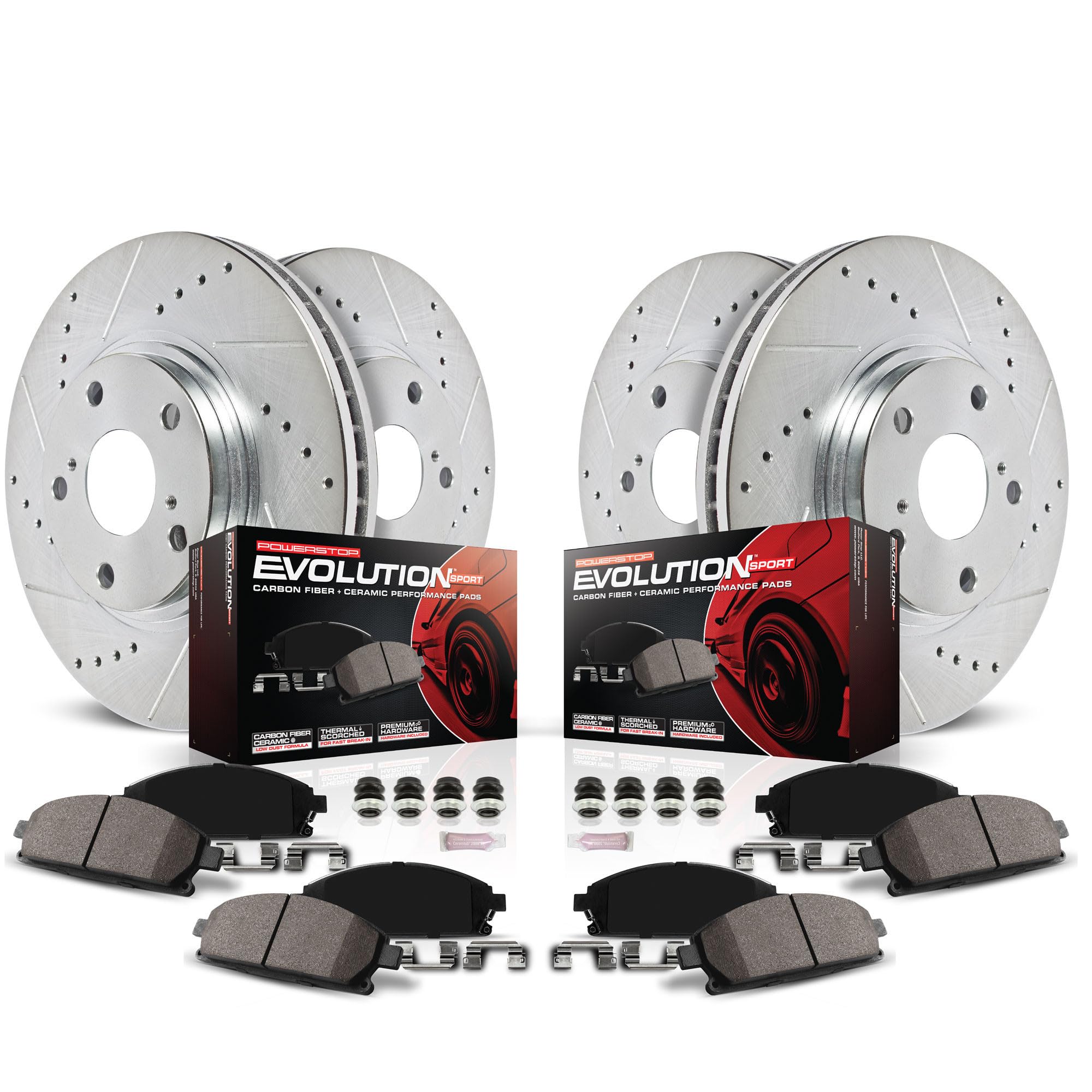 Power Stop K1907 Z23 Carbon Fiber Brake Pads Front and Rear with Drilled & Slotted Brake Rotors Kit For Ford F-350 Super Duty 1999-2004 [Model Specific]