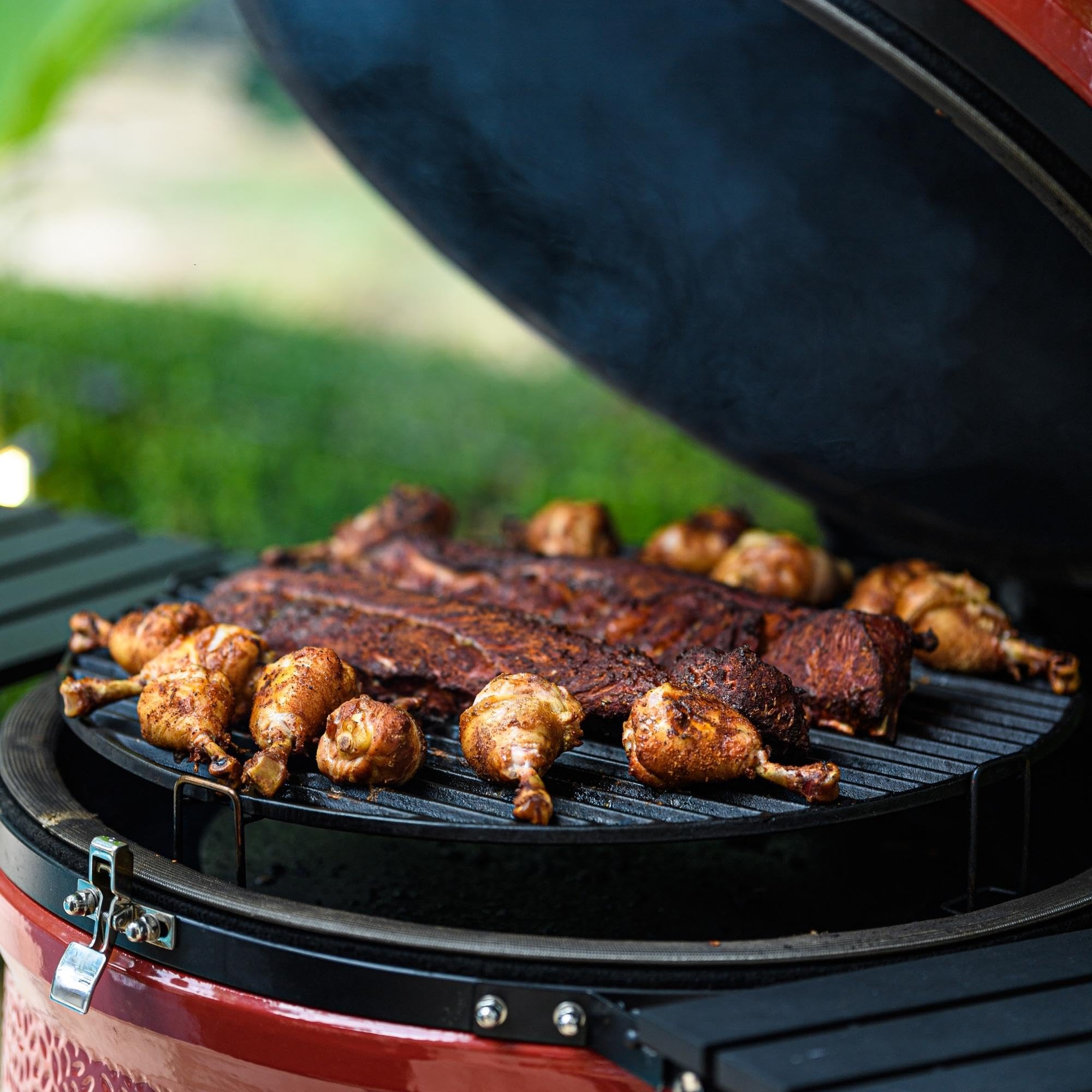 Kamado Joe Series II Big Joe 24-inch Ceramic Charcoal Grill and Smoker with Cart, Side Shelves, Stainless Steel Grates and 450 Cooking Square Inches in Red, Model BJ24RHC