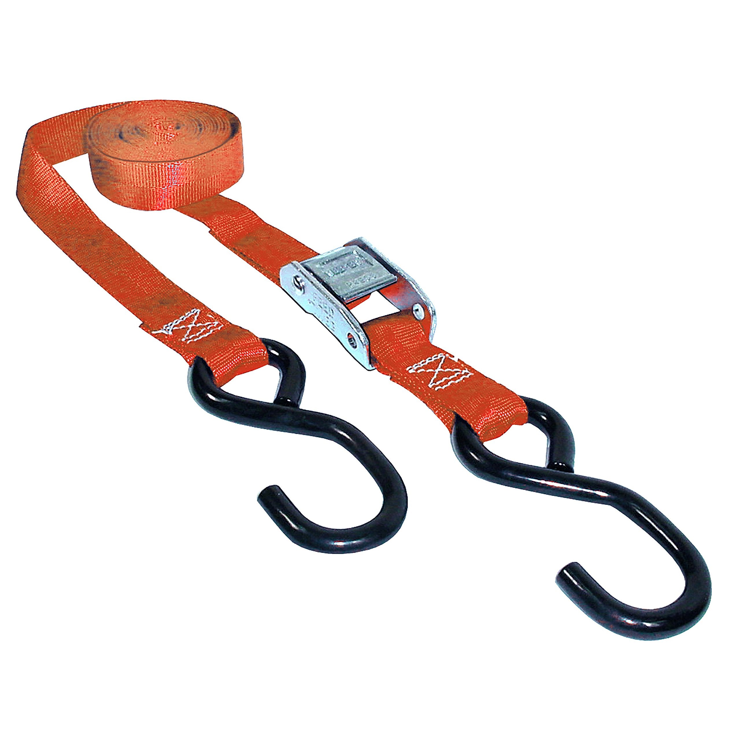 1” x 15’ Heavy Duty Cam Buckle Tie-Down Keeper with S Hooks - 400 lbs. Working Load Limit and 1,200 lbs. Break Strength
