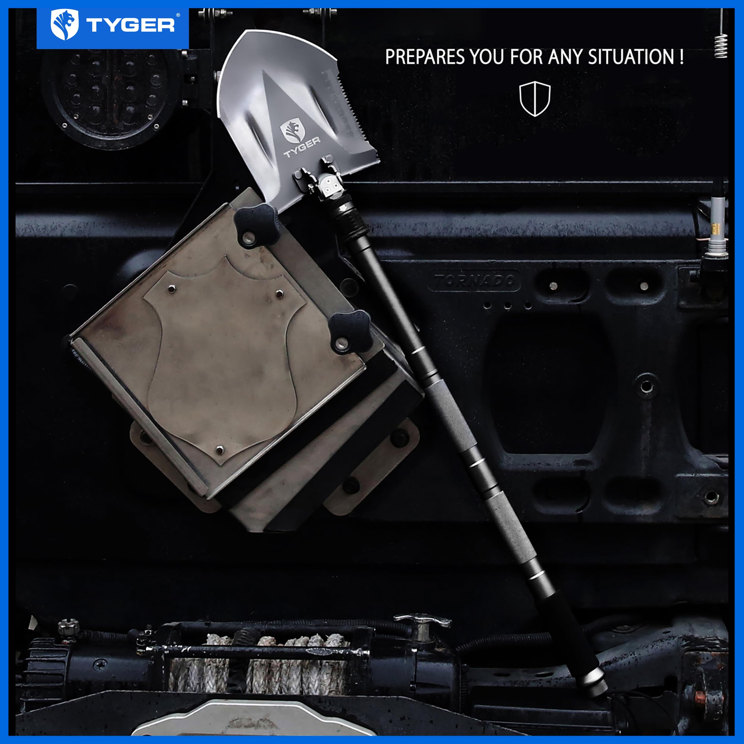 Tyger Auto Folding Shovel Military Heavy Duty TG-SV8U3217 Survival Shovel 16-in-1 Multitool Compact Camp Shovel with Bag for Camping, Hiking, Off-Roading, Outdoor, Tactical, Emergency