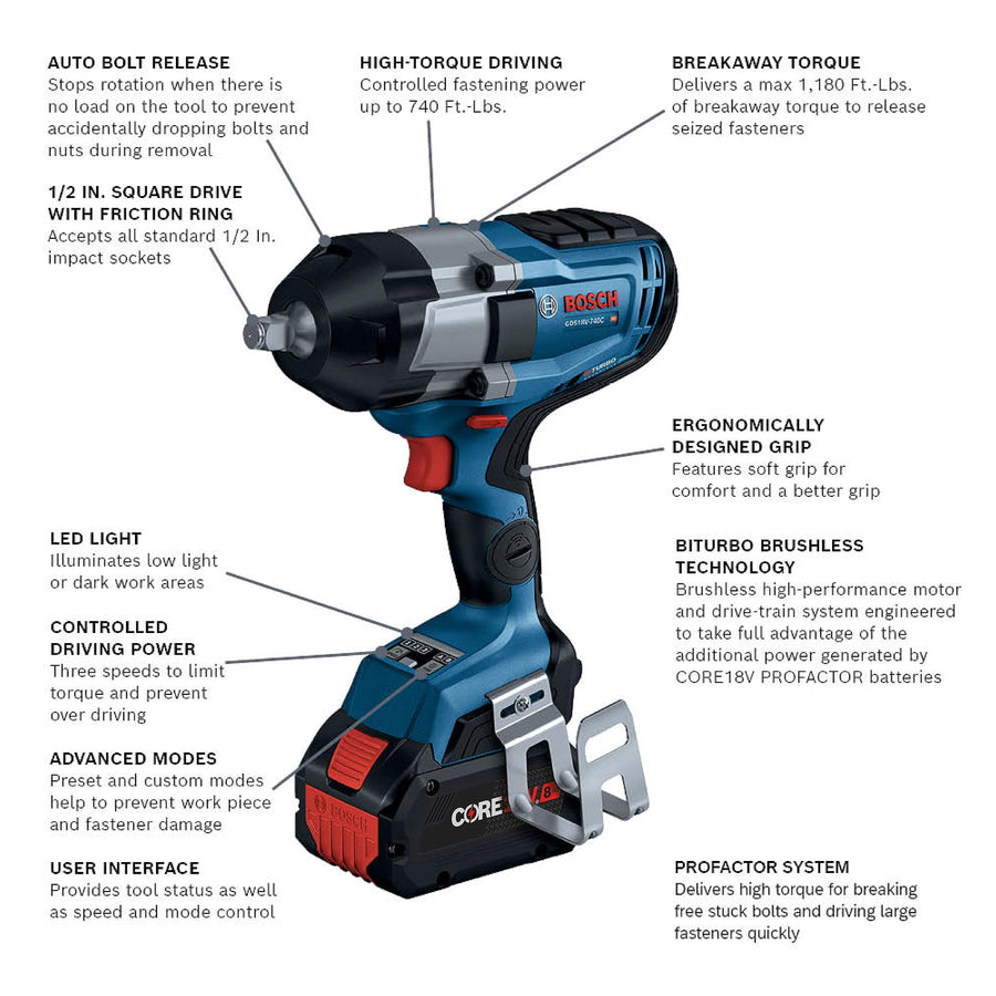 BOSCH PROFACTOR™ GDS18V-740CB14 18V Connected 1/2 In. Impact Wrench Kit with Friction Ring and (1) CORE18V 8 Ah High Power Battery