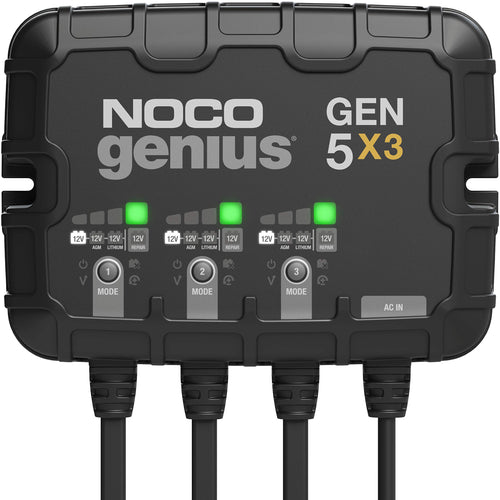 GEN5X3 NOCO Genius: 3-Bank, 15A Onboard Battery Charger - 5A Per Bank, 12V Waterproof Marine Charger with Overcharge Protection & Temperature Compensation – for Lead-Acid & Lithium Batteries