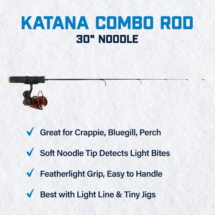 30” Katana Noodle Ice Fishing Rod & Reel Combo – Ultralight Graphite, Smooth Drag for Crappie, Bluegill & Trout