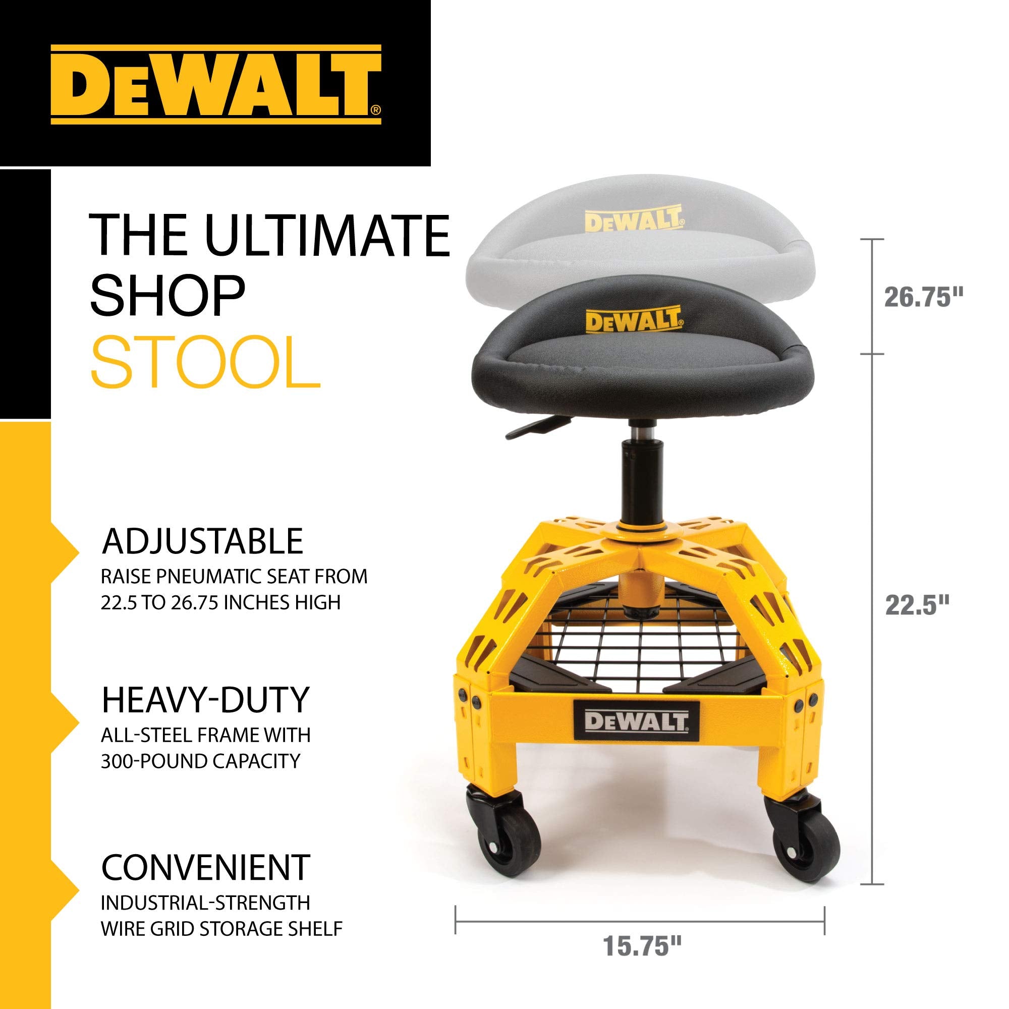 Heavy Duty DEWALT Adjustable Rolling Shop Stool, 360-degree Swivel Industrial Garage Stool with Padded Seat, Storage Shelf, Removable Wheels