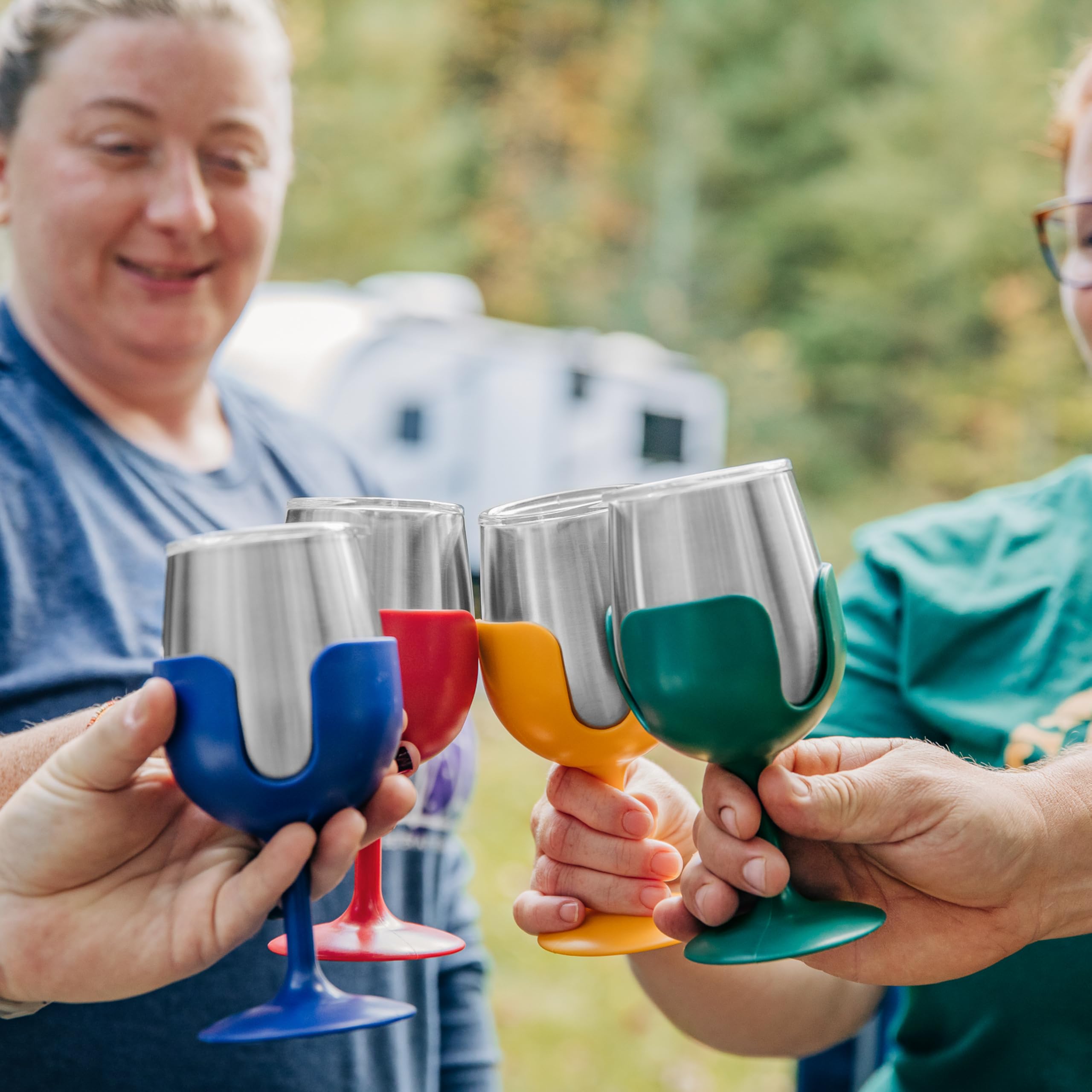 Camco Stainless Steel Wine Tumbler Life is Better at The Campsite 4-Pack - Features Heavy Duty Double Wall Vacuum Insulation & Removable Navy, Red, Green & Yellow Stems - Holds 8-oz Each (53465)