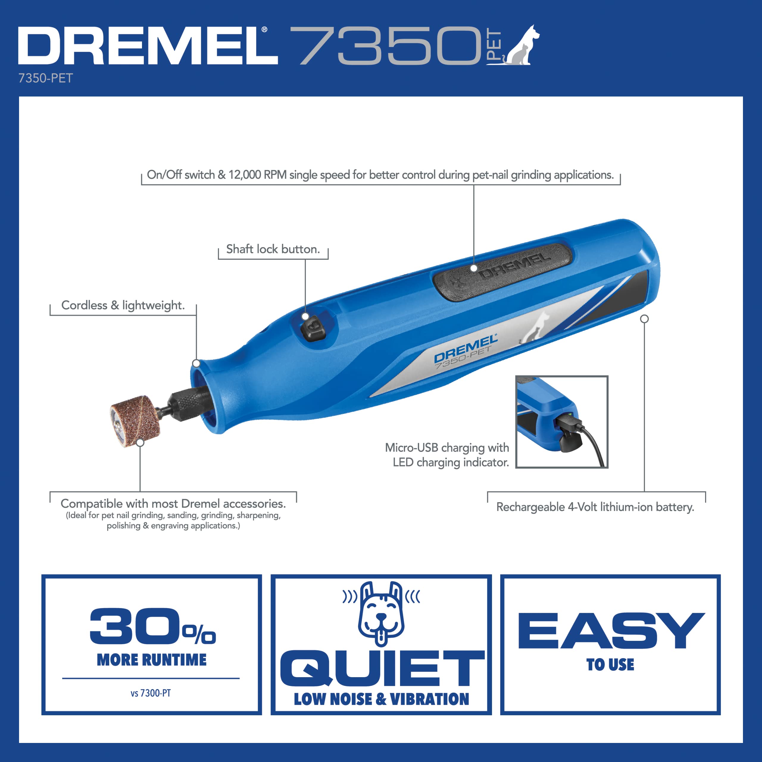 Dremel 4V Pet & Dog Nail Grinder 7350-PET, Easy-To-Use & Safe Nail Trimmer, Professional Pet Grooming Kit - Works on Large, Medium, Small Dogs & Cats