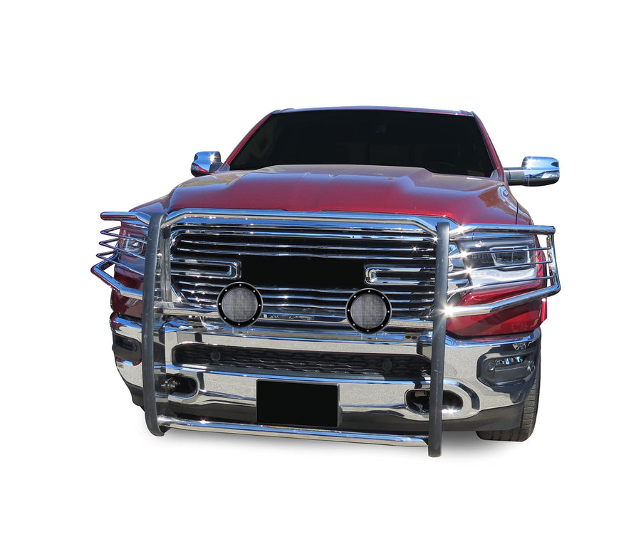 Bumper Guard Black Horse Grille Brush Modular Stainless Steel Come with Pair of 5.3" Dia.LED Lights with Black Trim Rings Compatible with 2019-2024 Ram 1500-17DG111MSS-PLFB