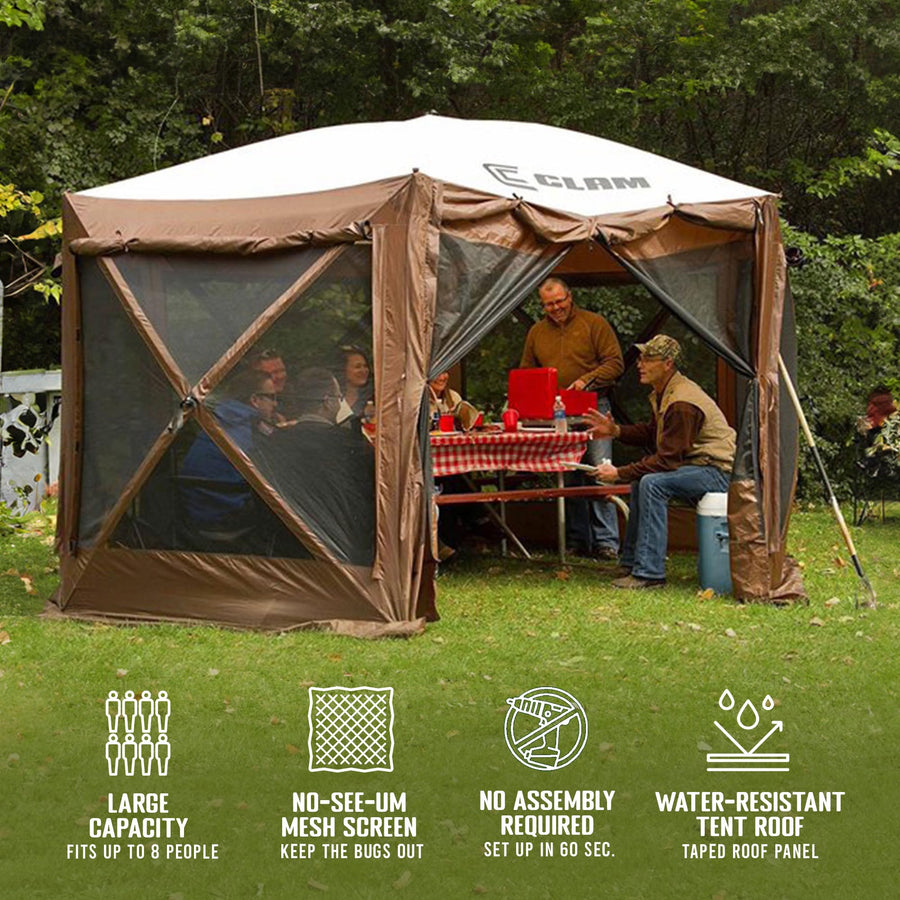CLAM Large Pop Up Screen Tent, Outdoor Camping Gazebo Canopy, 12.5', Brown - Foldable and Portable Screened Shelter with Netting for Beach, Patio, and Backyard