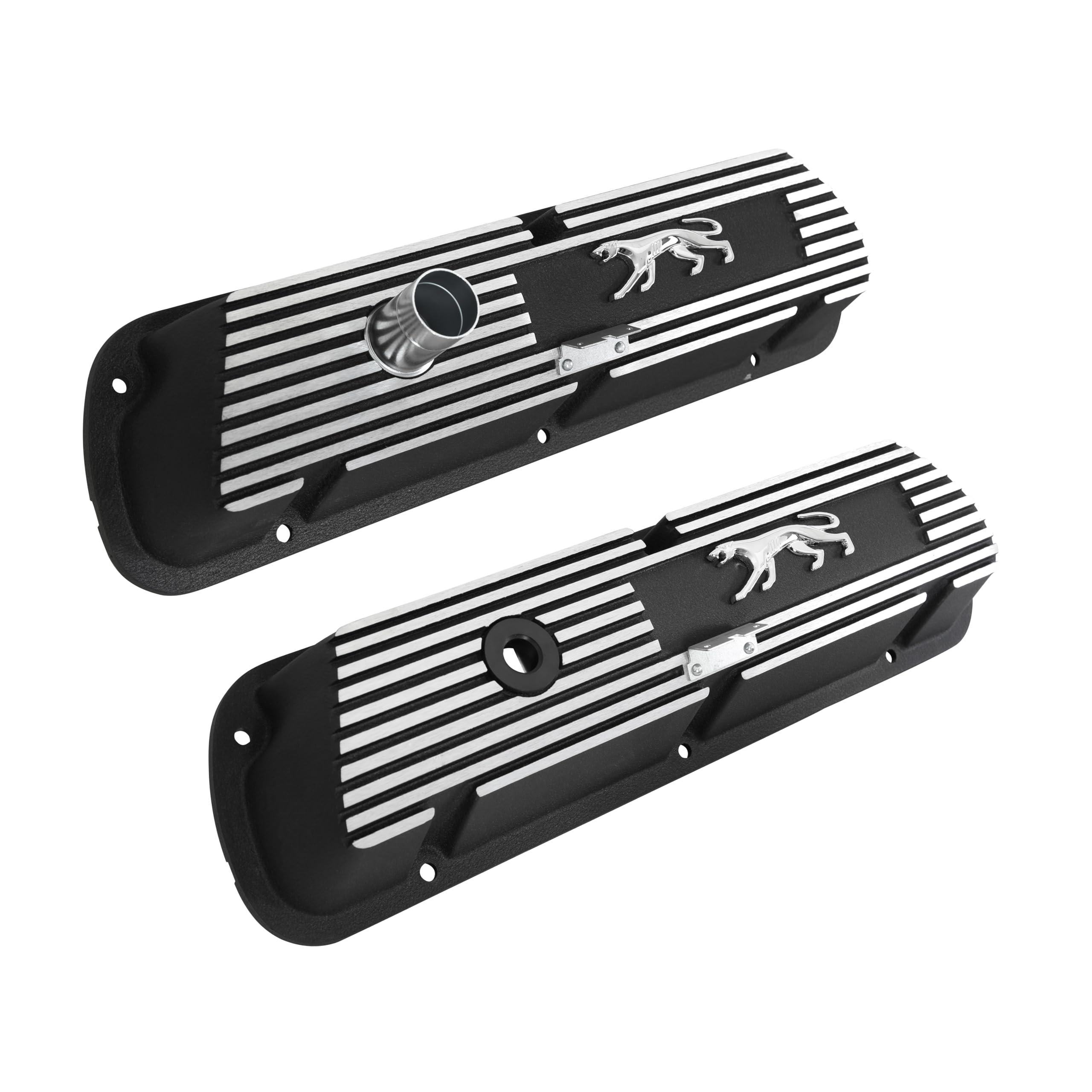 Aluminum Valve Covers Scott Drake with Official Cougar Emblem and Lettering in a Silver Powder Coated Finish, Compatible with 1967-1973 Ford Mercury Cougar, Model 6A582-CO