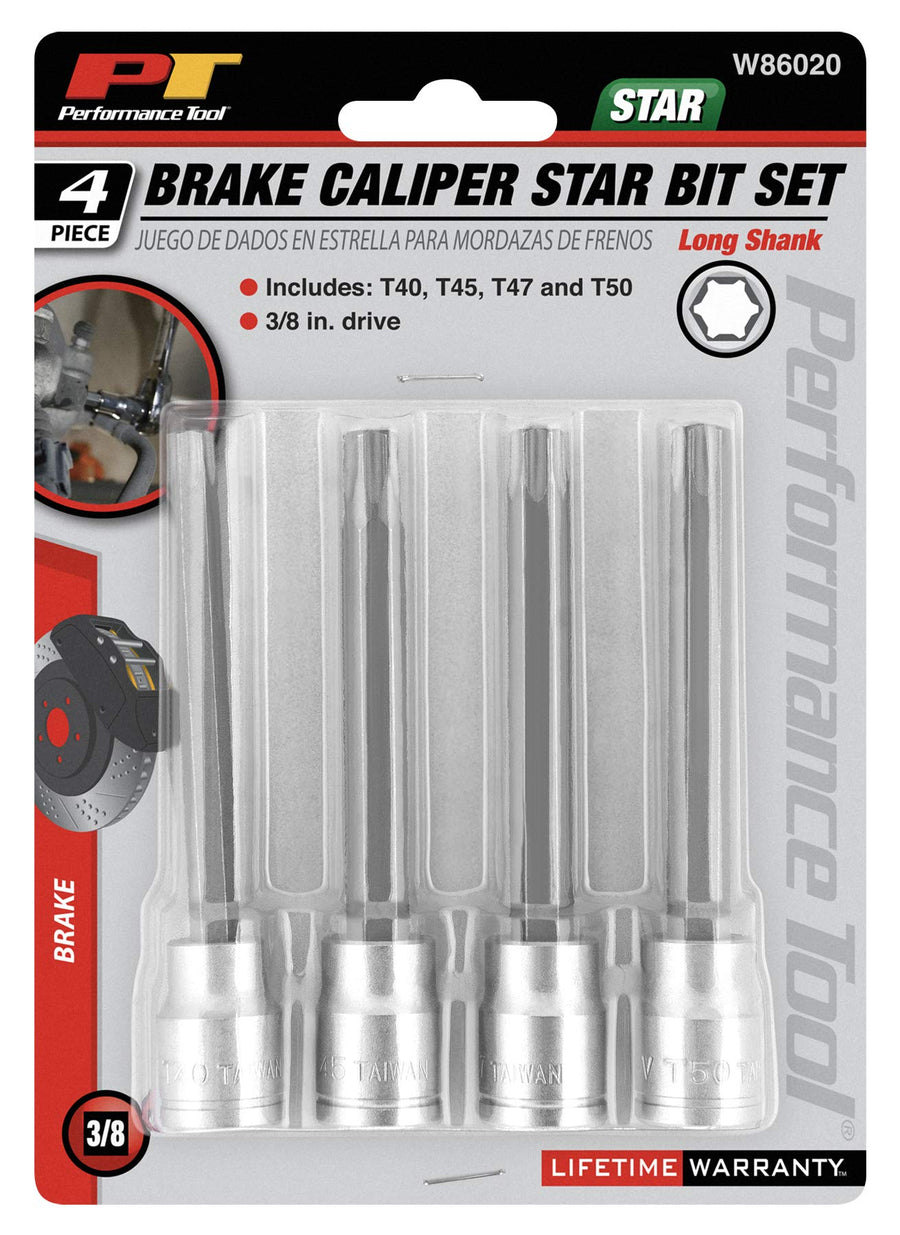 4pc Performance Tool W86020 3/8-Inch Drive Long Brake Caliper Star Bit Set