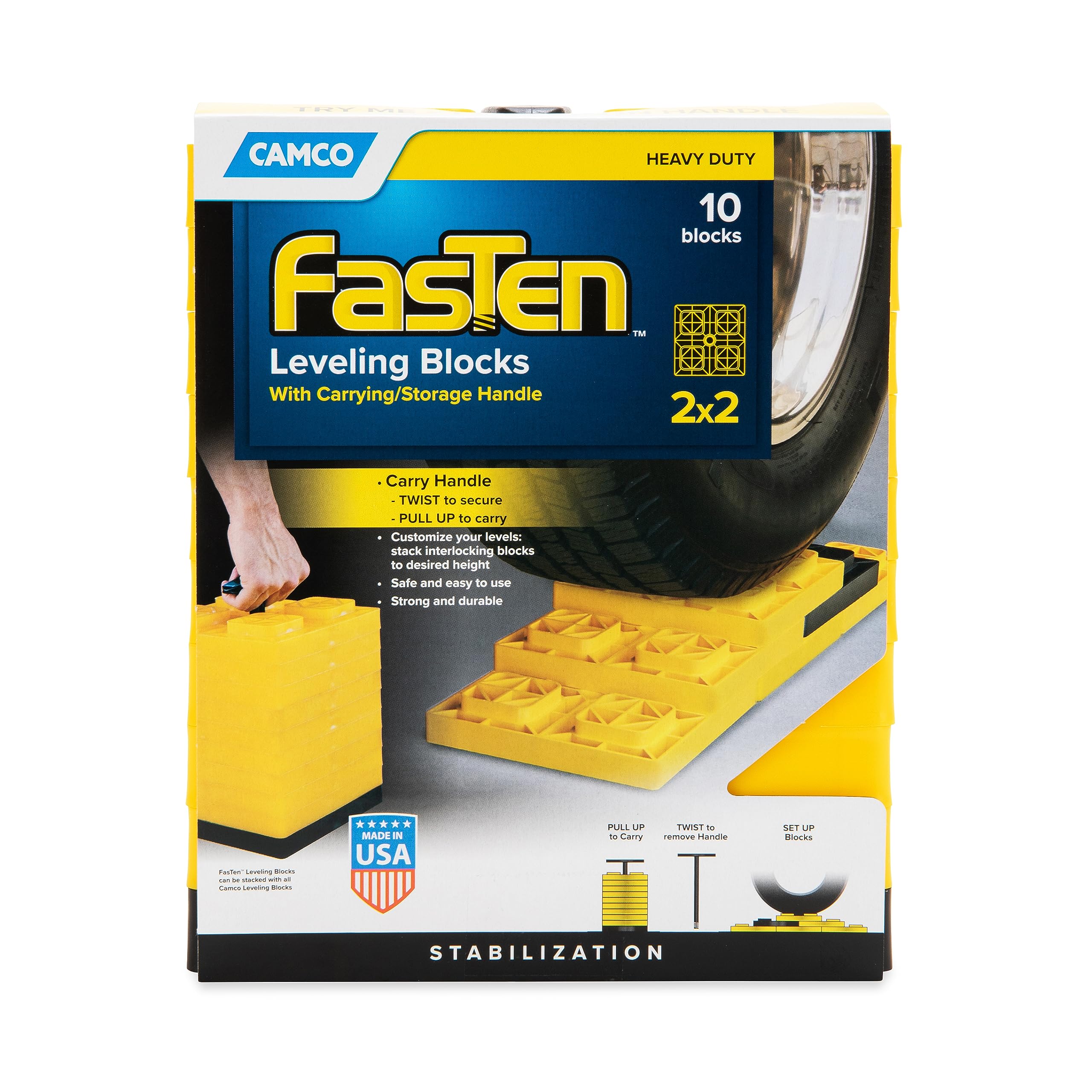 Camco Leveling Blocks FasTen Camper / RV - Features Interlocking Design for Customizable Height - Carrying Handle Twists to Secure Blocks for RV Storage - 8.5” x 8.5” x 1”, Yellow, 10-Pack (44512)