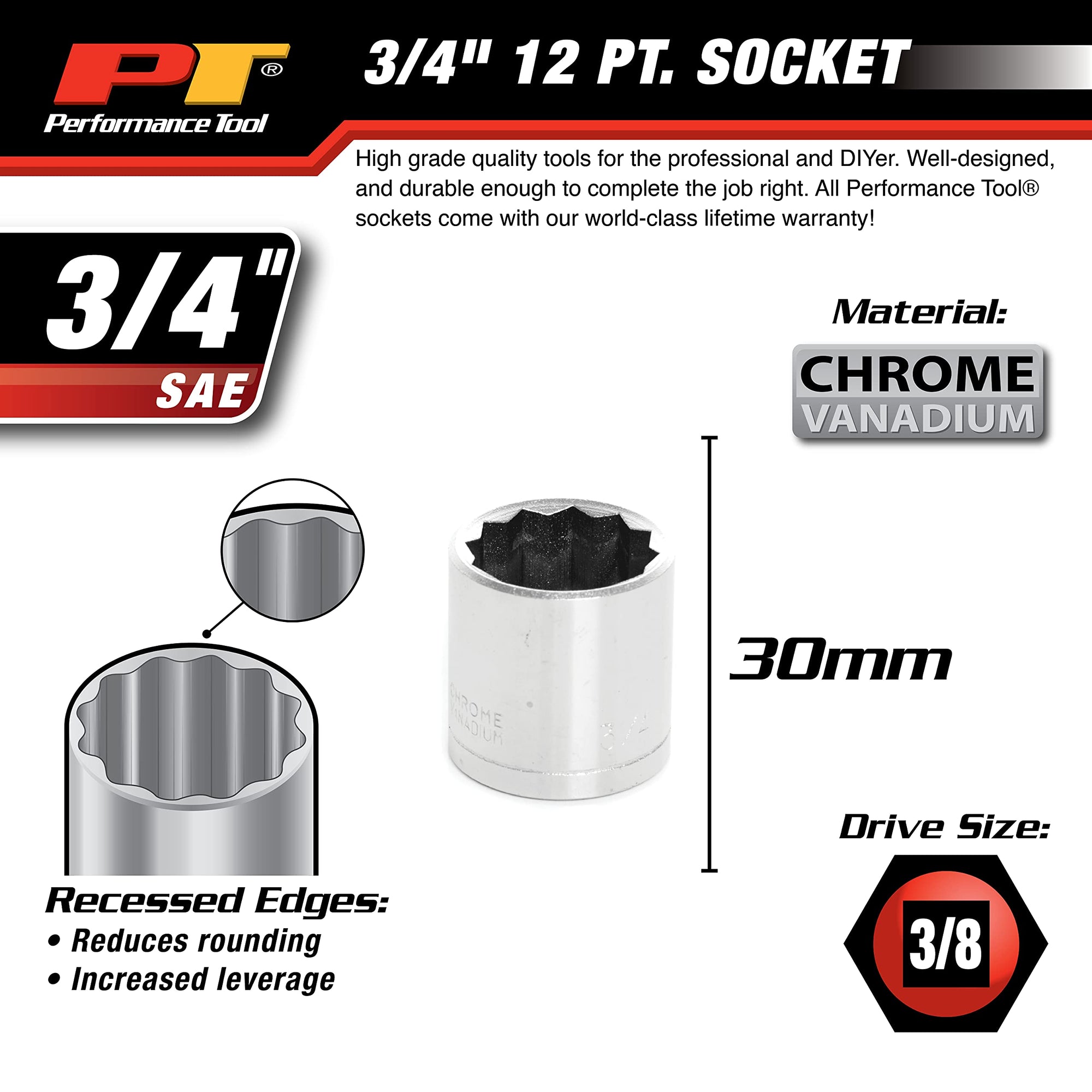 W38524 Performance Tool 3/8-Inch 12-Point Socket, 3/4