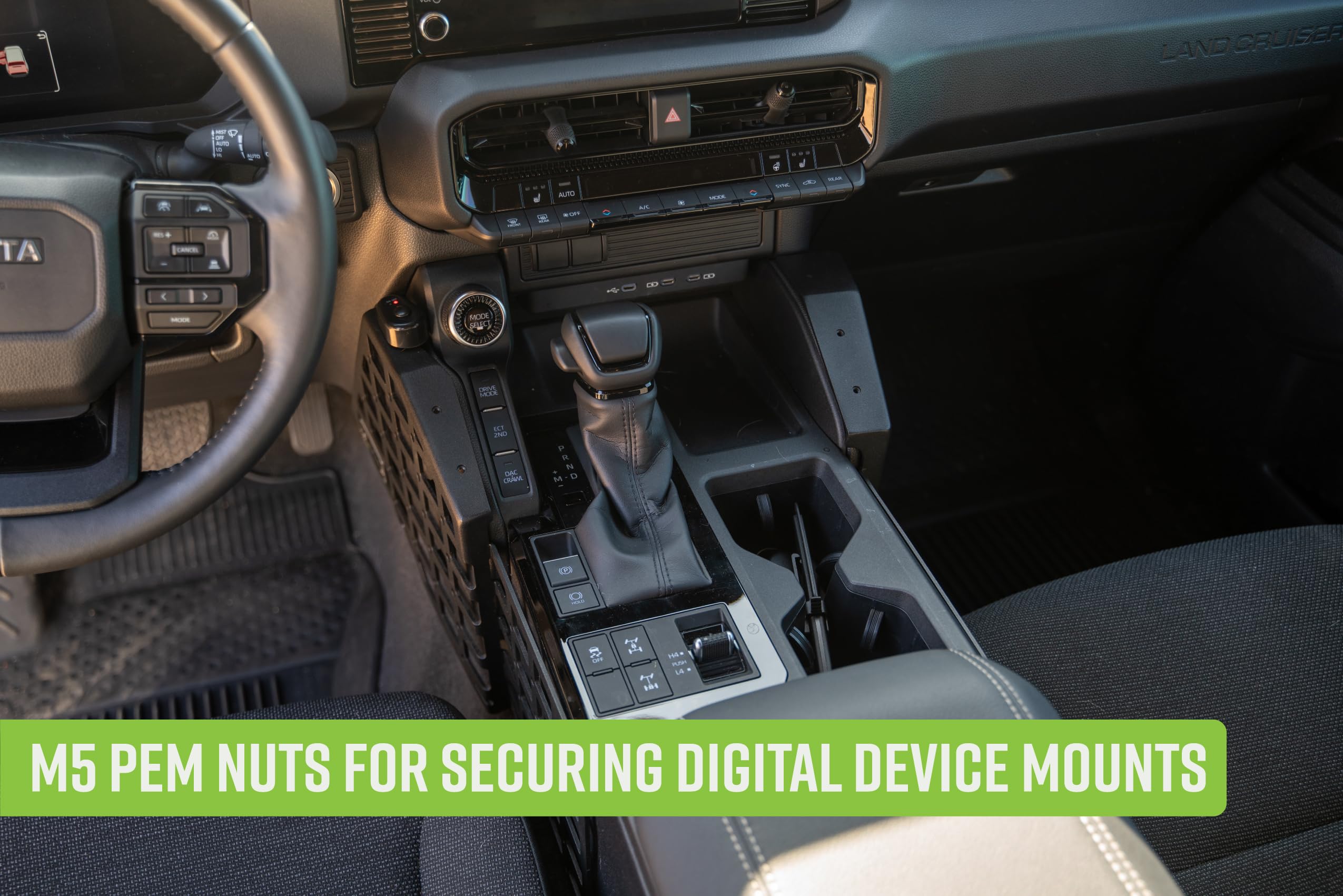 Molle Panels DV8 Offroad Center Console for 2024 Toyota Land Cruiser | Molle Panel Design | Multiple Mounting Solutions | M5 Pem Nuts for Digital Device Mounts | Black Powder Coated Finish | Steel