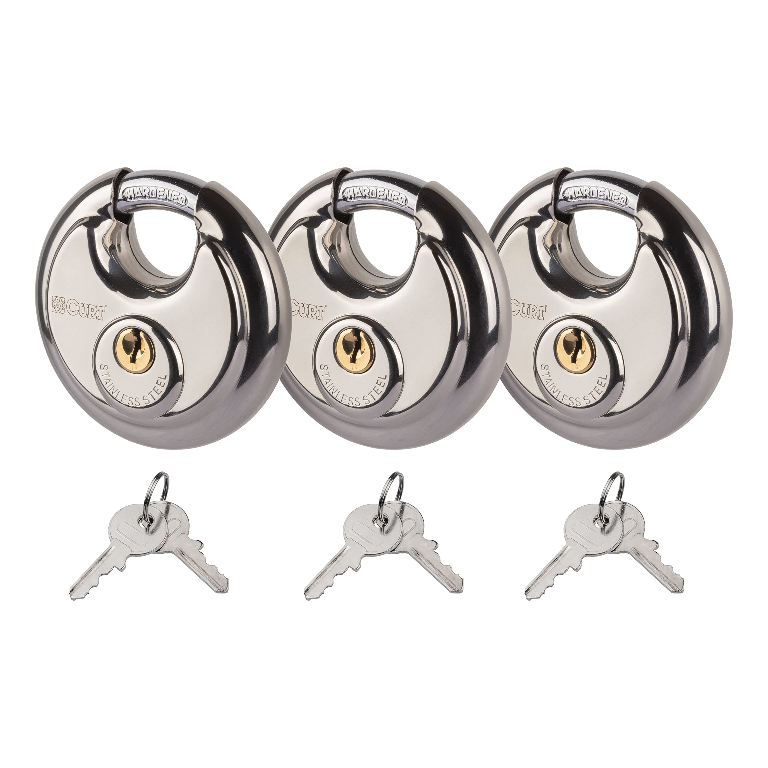 CURT Stainless Steel Disc Locks, 3-Pack, 3/8-Inch Hardened Shackle for Trailers, Sheds, Brass 4-Pin Cylinder Storage Rooms