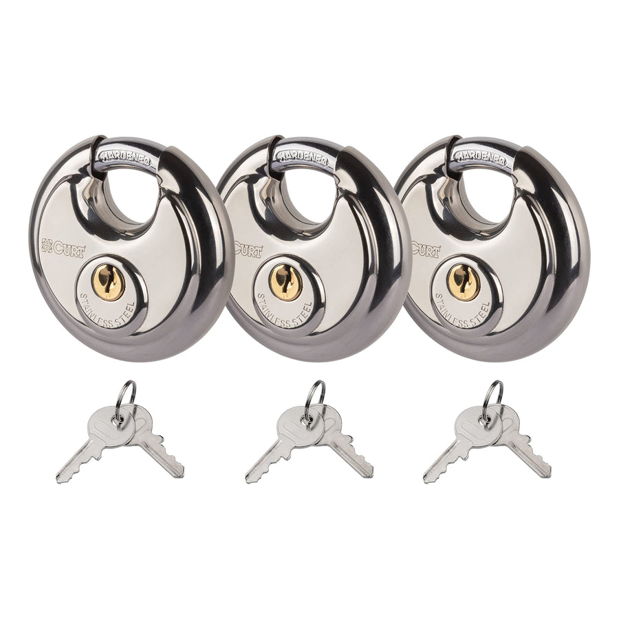 CURT Stainless Steel Disc Locks, 3-Pack, 3/8-Inch Hardened Shackle for Trailers, Sheds, Brass 4-Pin Cylinder Storage Rooms