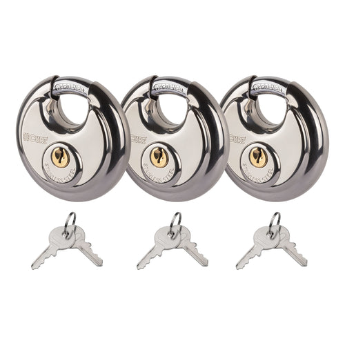 CURT Stainless Steel Disc Locks, 3-Pack, 3/8-Inch Hardened Shackle for Trailers, Sheds, Brass 4-Pin Cylinder Storage Rooms