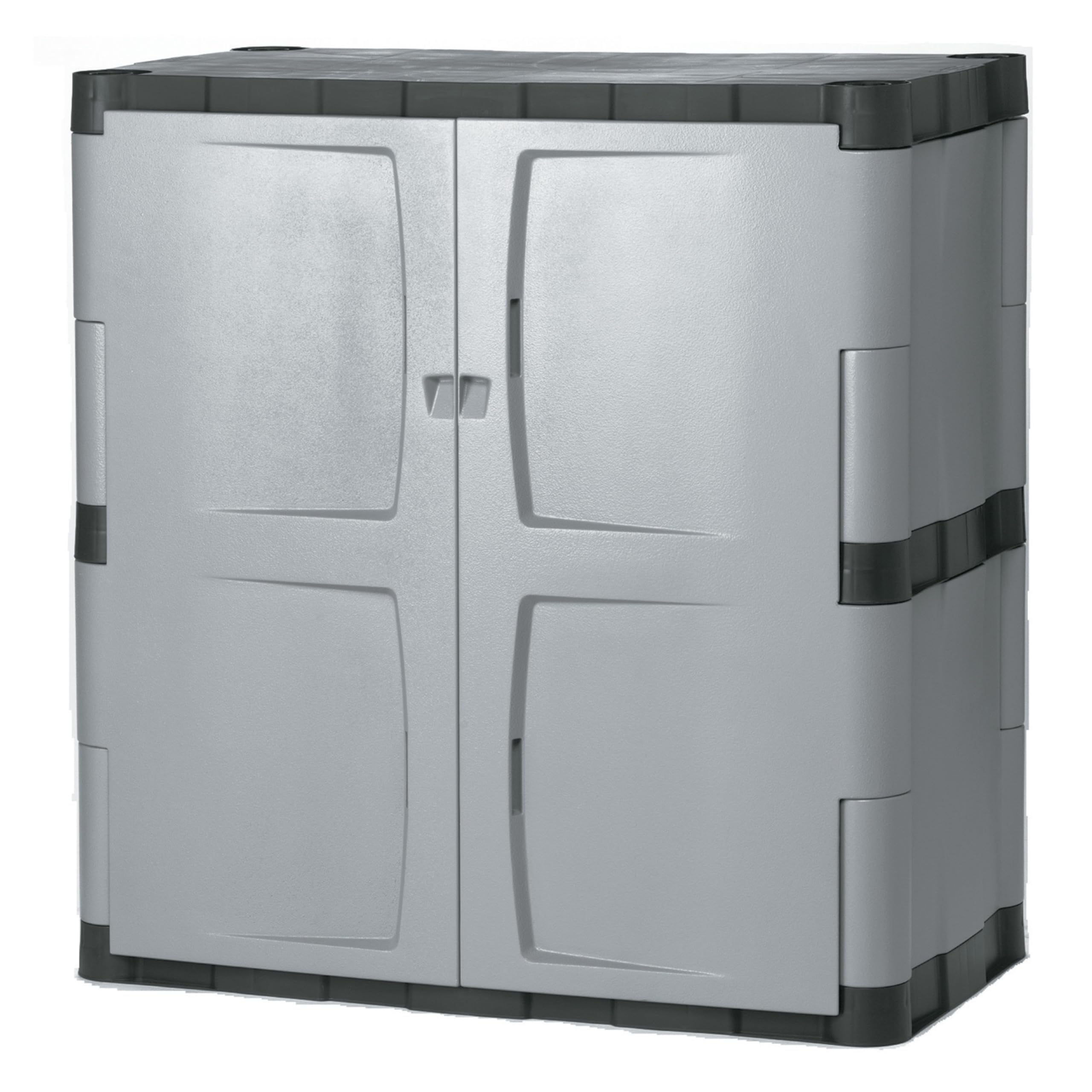 Rubbermaid Storage Cabinet Freestanding with Doors 18"D x 36"W x 37"H Medium Gray/Black Two-Shelf Lockable Cabinet for Indoor/Outdoor/Garage Storage for Garden Tools/Lawn Care Accessories