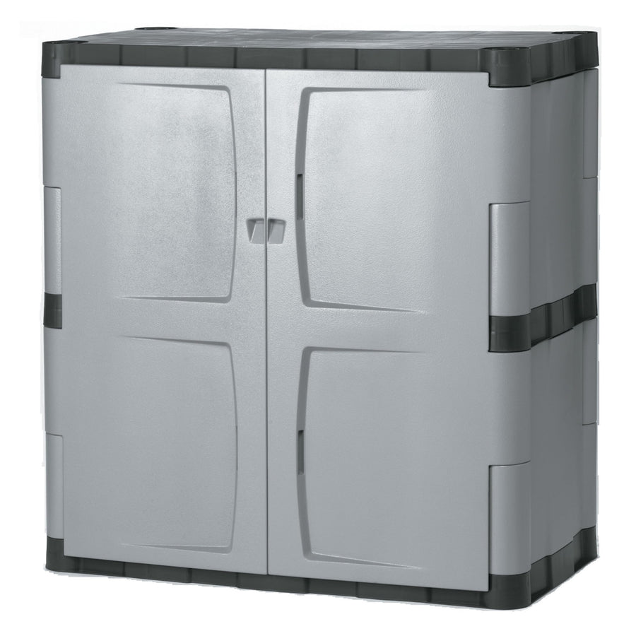 Rubbermaid Storage Cabinet Freestanding with Doors 18"D x 36"W x 37"H Medium Gray/Black Two-Shelf Lockable Cabinet for Indoor/Outdoor/Garage Storage for Garden Tools/Lawn Care Accessories