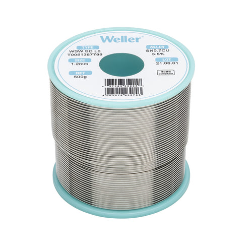 Weller Lead Free Solder Wire WSW SC L0 (T0051387799), Dia: 1.2 mm / 0.047 in, Wt: 500 g / 17.637 oz, Alloy Sn99.3Cu0.7, Flux content 3.5%