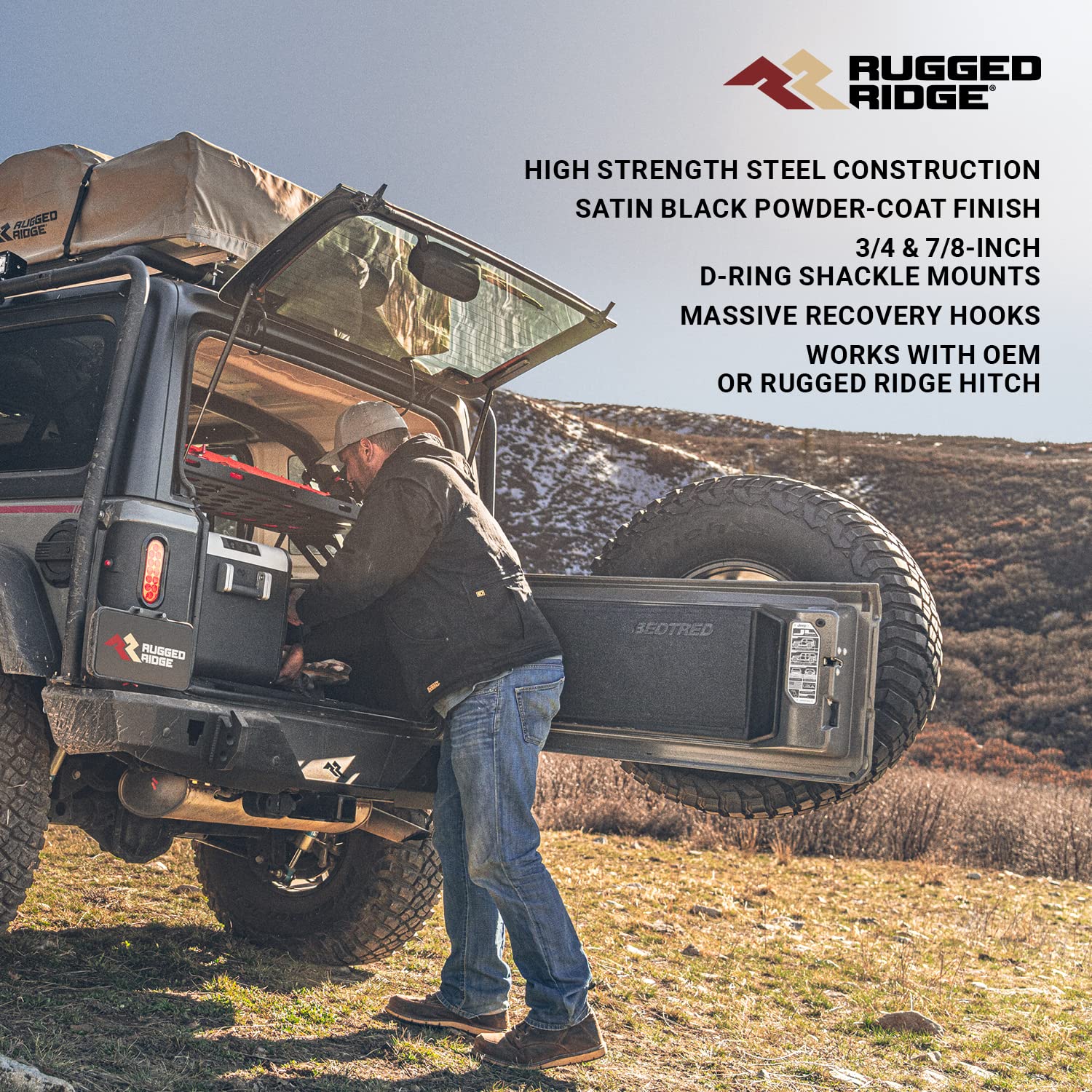 Rear Rugged Ridge HD Bumper for Jeep Wrangler JL | with Tire Carrier, Steel, Black | 11540.39 | Fits 2018-2025 Jeep Wrangler JL