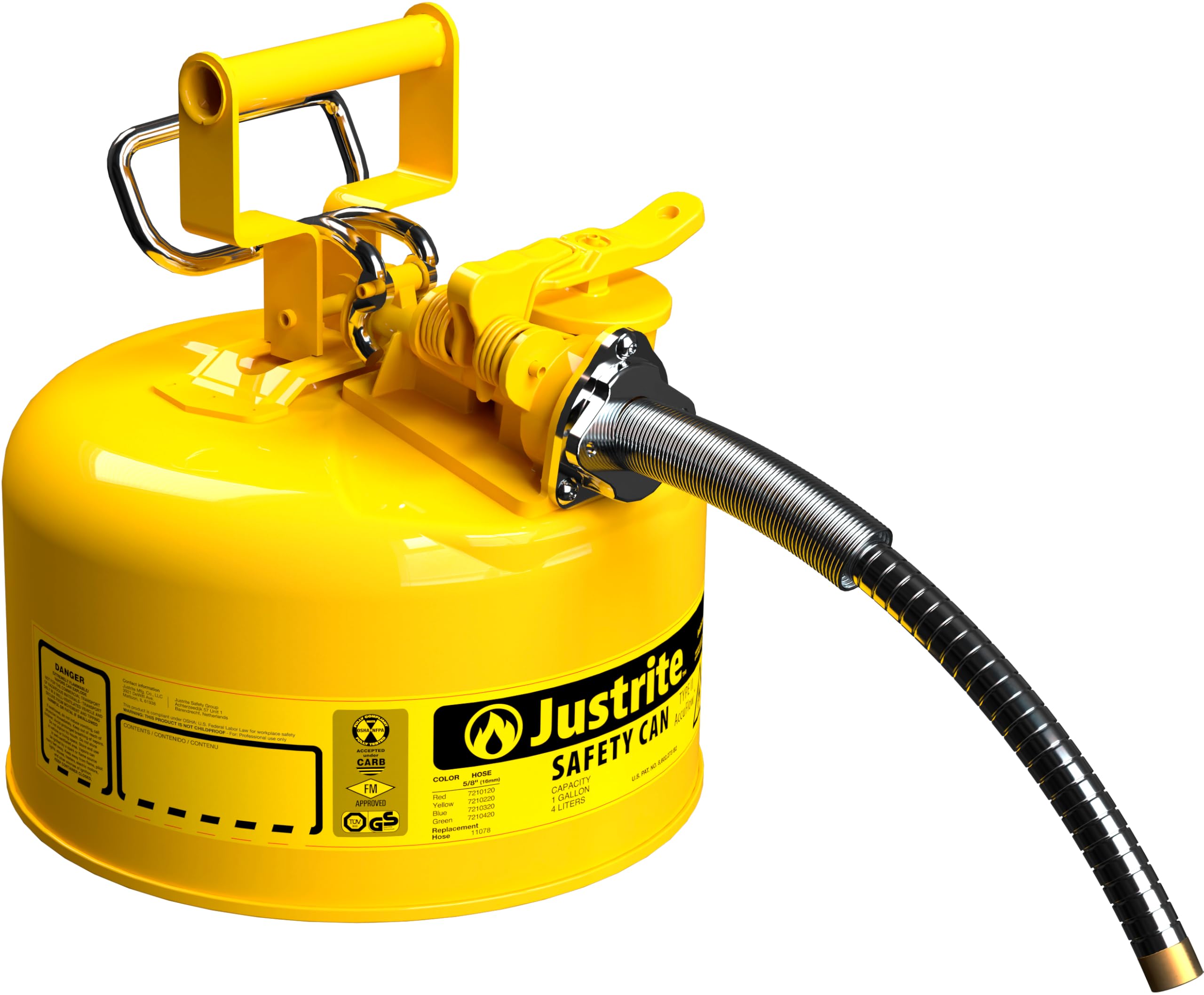 Type II Justrite 1 Gallon Yellow Safety Can for Diesel with Flame Arrester, Self-Closing Lid, and 5/8" Flexible Metal Spout, Made in the USA, Galvanized Steel Flammable Storage Can, 7210220