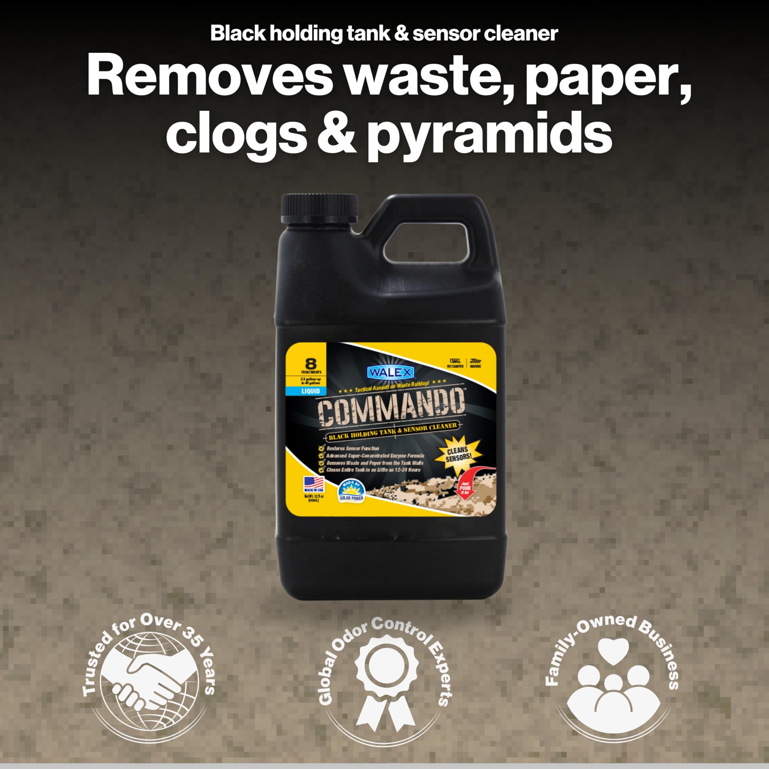 Commando Liquid Walex Black Holding Tank and Sensor Cleaner for RV, Camper & Marine - Rapid Breakdown of Waste & Toilet Paper, Cleans Entire Tank within 12-24 Hours, Restores Sensor Function, 32oz