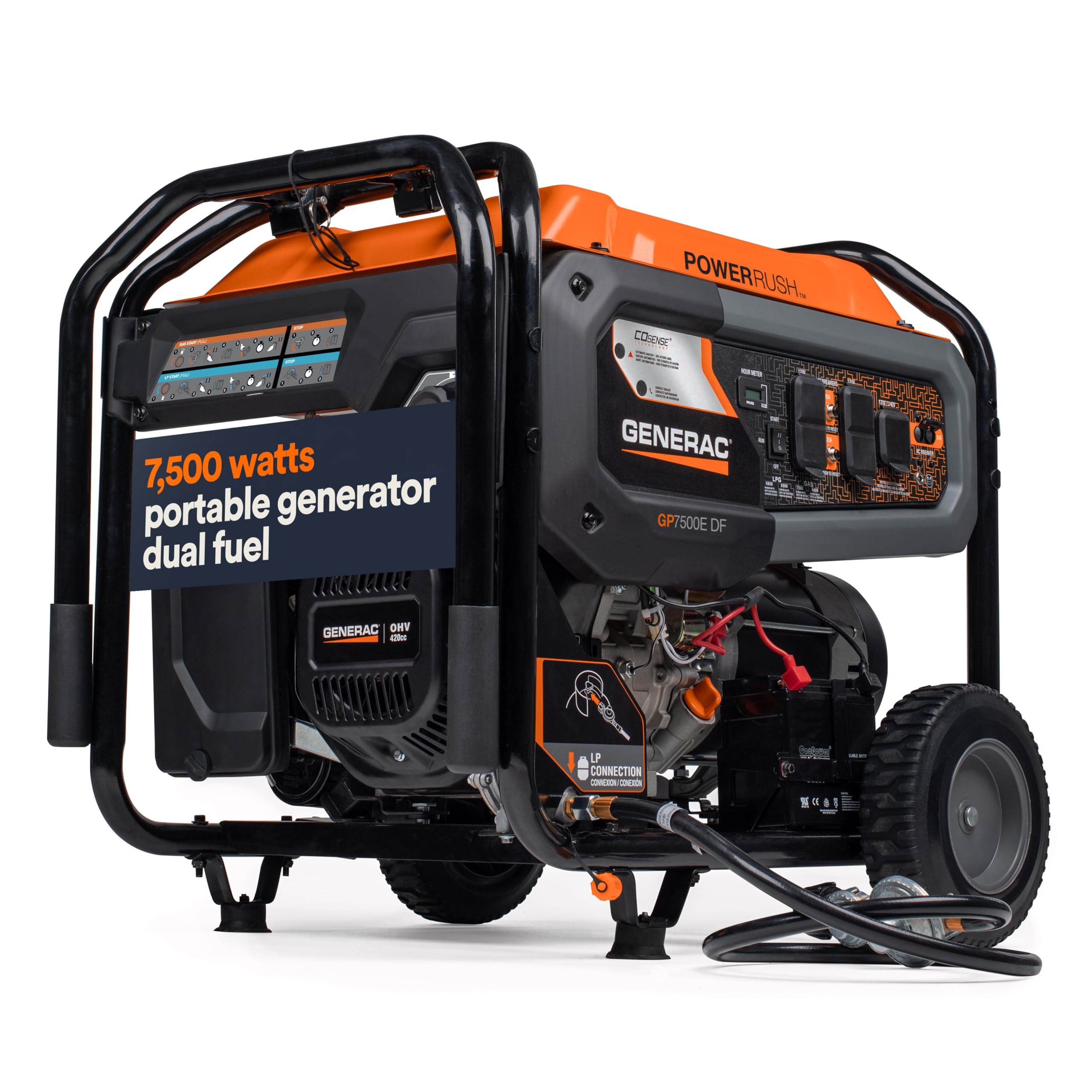 Generac 8011 GP7500E Portable Generator - 7,500-Watt Dual-Fuel Compatible - Gas and Propane - COsense Technology with Electric Start - Powerrush Advanced Technology - Reliable Power Solution