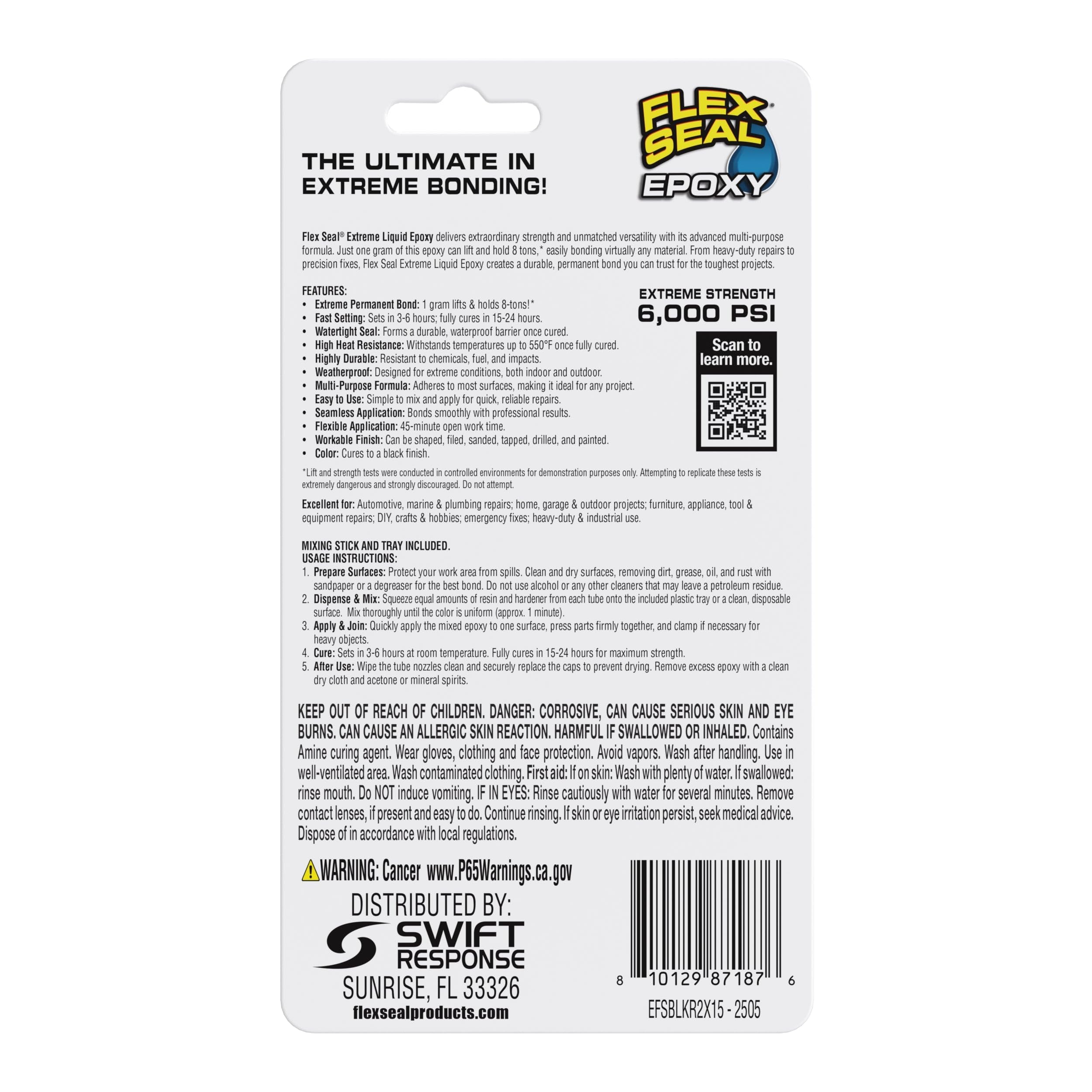 Flex Seal Epoxy, Multi-Purpose Extreme Liquid, Durable, Permanent, Watertight, Long-Lasting Bond, for Automotive, Marine, Plumbing, Home, & Tool Repairs, Cures Black, 2 Tubes: 0.5 fl oz (14 mL) Each