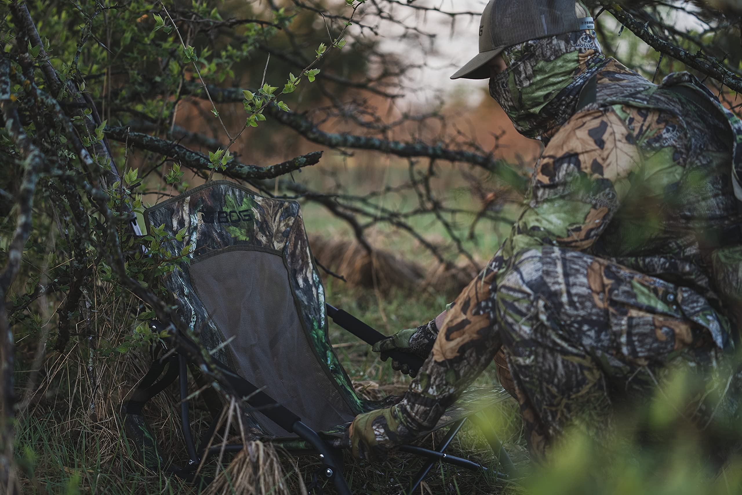 Turkey Ground Blind Chair BOG Low Profile with Rugged Construction, Aluminum Frame, Extended Seat Area, Quiet Setup, Breathable Textilene Fabric, and Carry Bag for Hunting, Shooting, and Outdoors