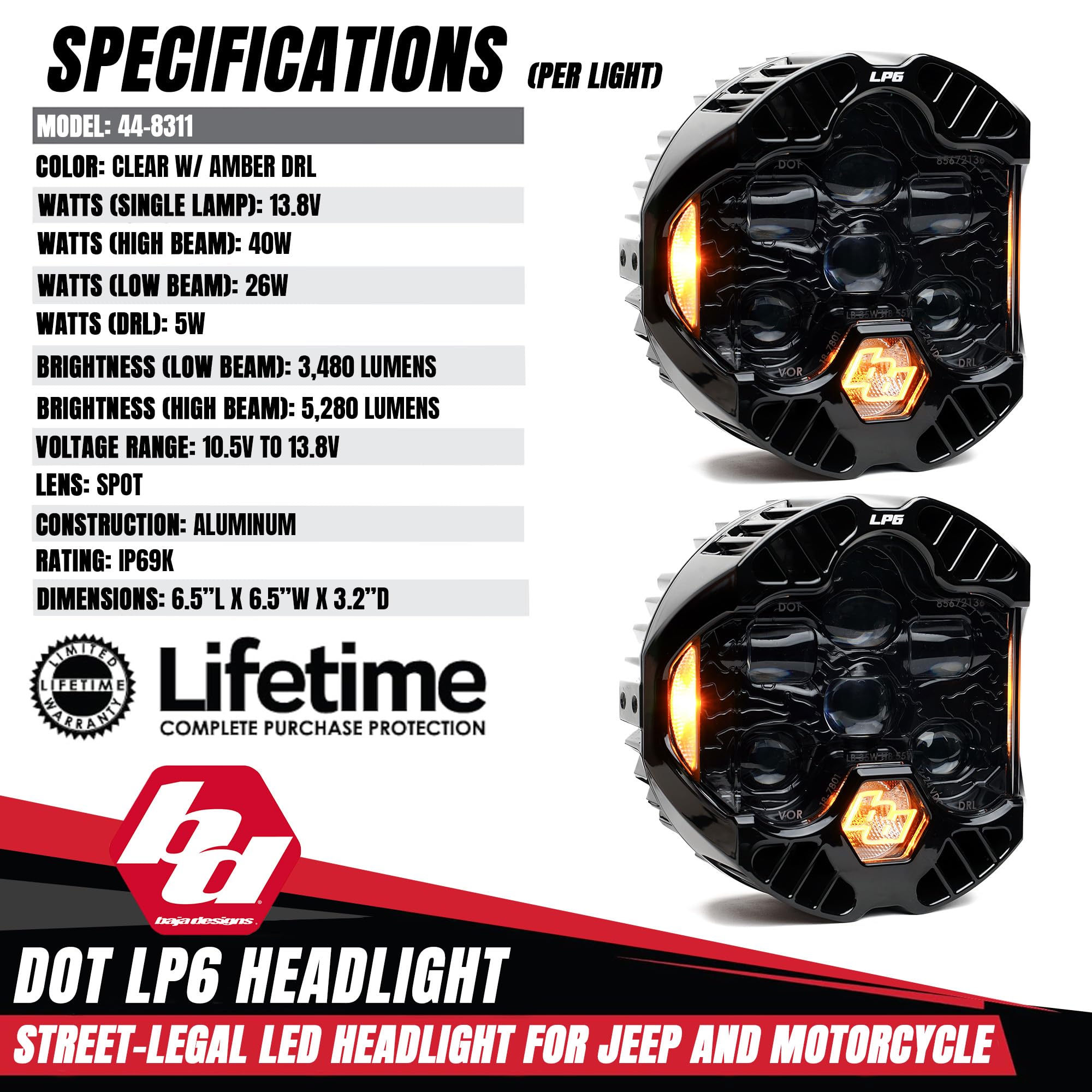 Baja Designs LP6 DOT SAE 6.5" Road-Legal LED Headlight Kit for 2007-2018 JK – High/Low Beam Functionality with Amber DRL, JK Specific Mounts (Pair)