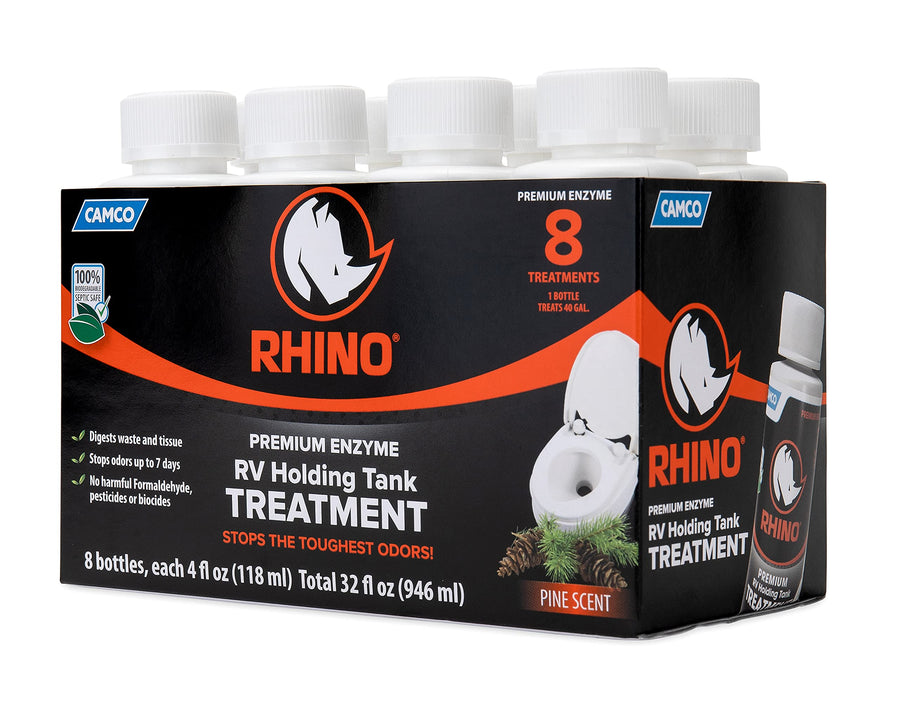 RhinoFLEX Camco Premium Enzyme RV Holding Tank Treatment Singles | Features a Biodegradable Septic Safe Formula, a Pine Scent, and is Ideal for RVing, Boating, and More | (8) 4 oz Bottles (41511)