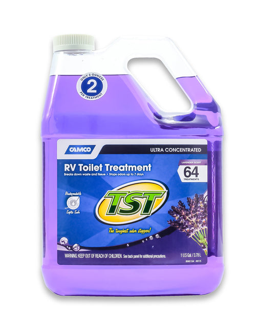 Camco RV Toilet Treatment TST MAX 1-Gallon - Control Unwanted Sewer Odors & Break Down Waste and RV Toilet Paper - Biodegradable Septic Safe Formula - Lavender Scent (41557)
