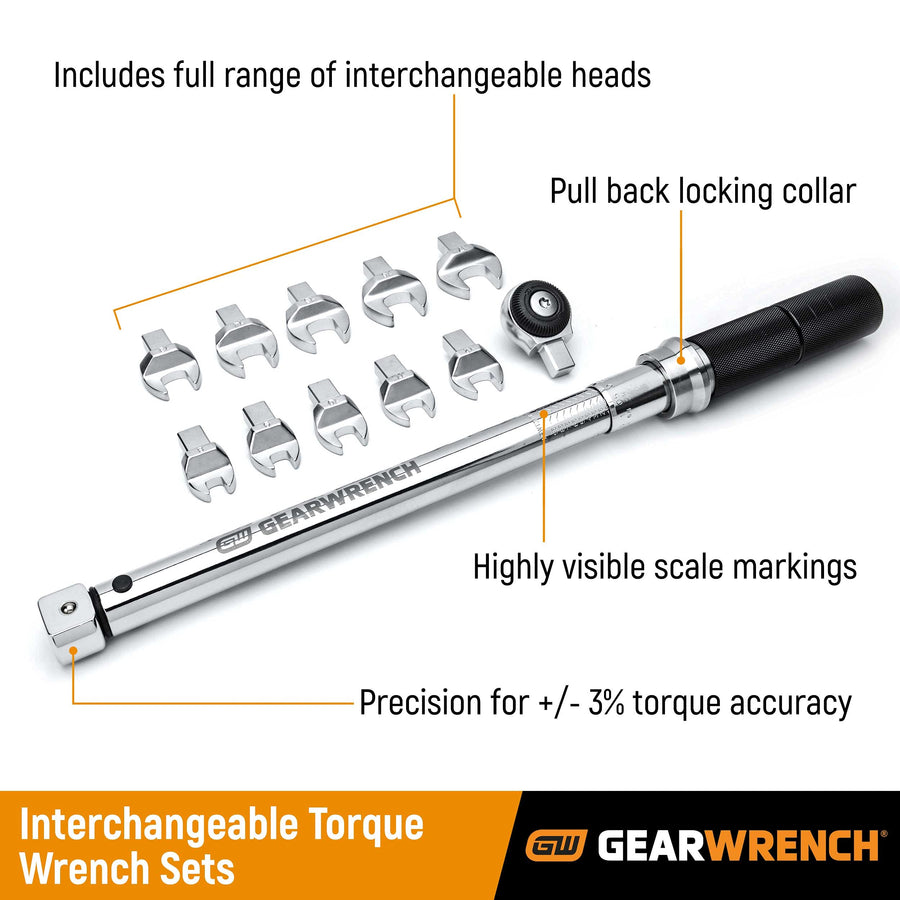 12 Pc. GEARWRENCH 1/4" Drive SAE Open End Interchangeable Torque Wrench Set - 89450