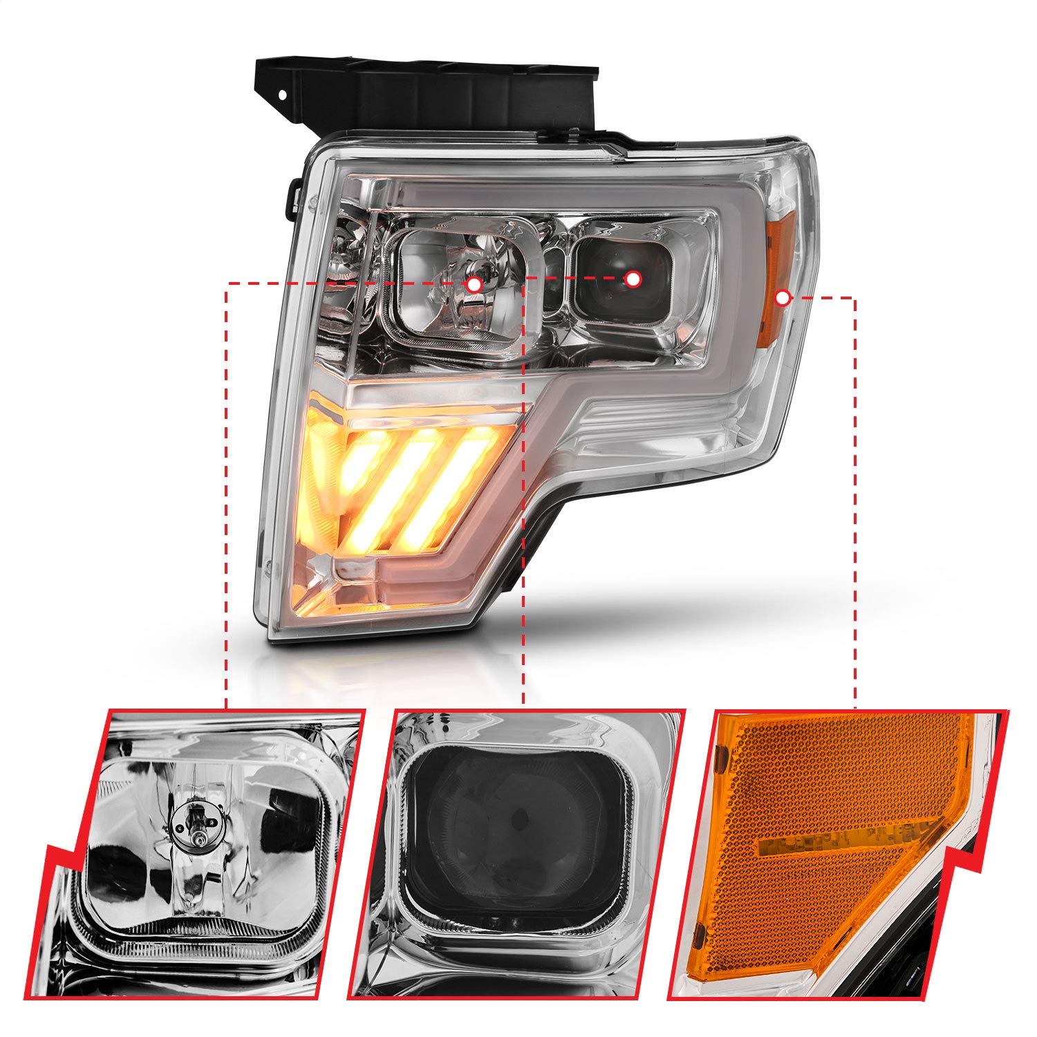 FORD F150 PROJECTOR PLANK STYLE HEADLIGHTS CHROME W/LED SIGNAL 09-14 (FOR HALOGEN MODEL)