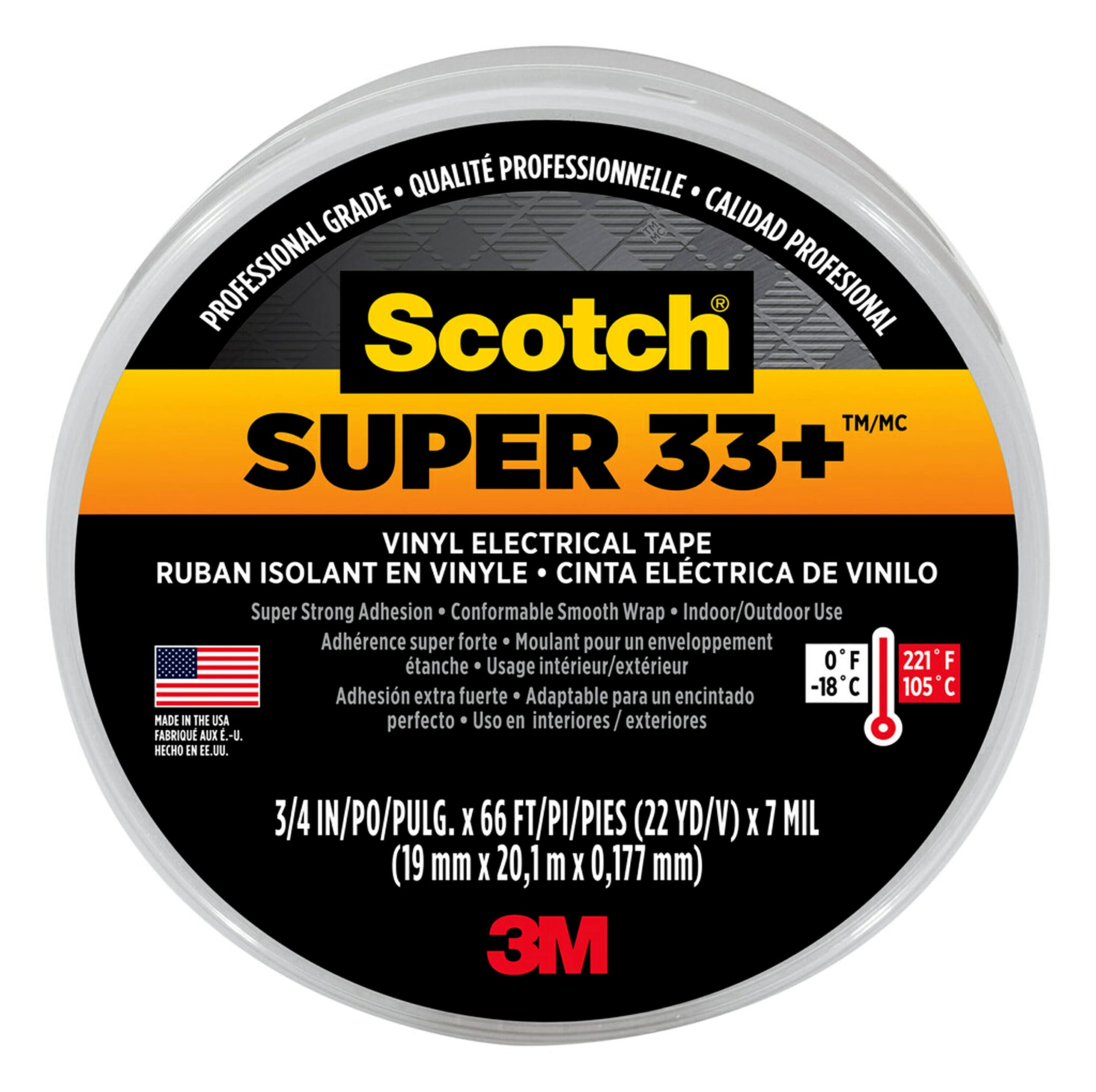 3/4 in. W Scotch Super 33+ x 66 ft. L Black Vinyl Electrical Tape