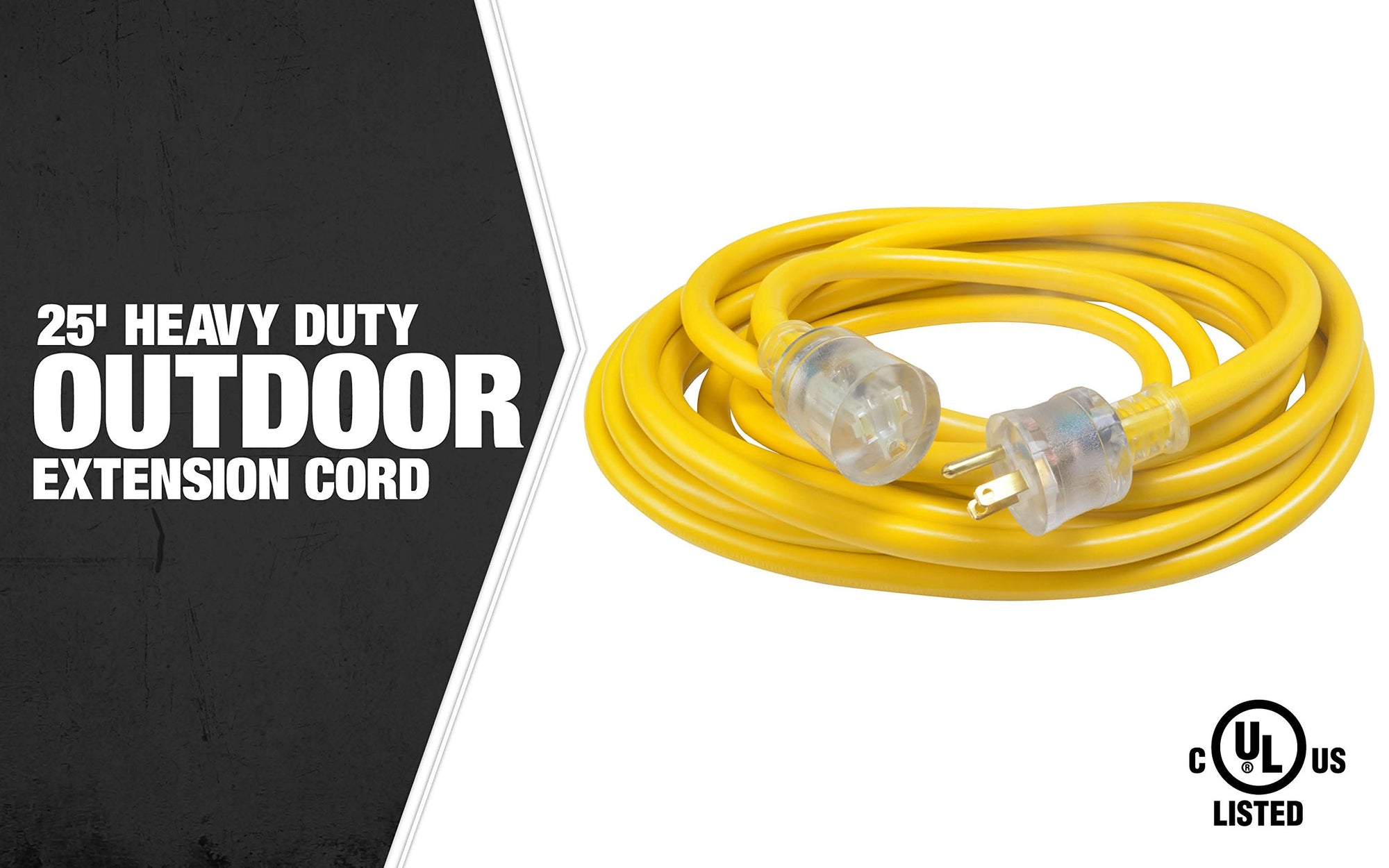 Extra Heavy Duty Southwire Extension Cord, 25Ft, 10 Gauge, 3 Conductor, Outdoor Cord, Lighted End, SJTW, Yellow, 2687SW0002