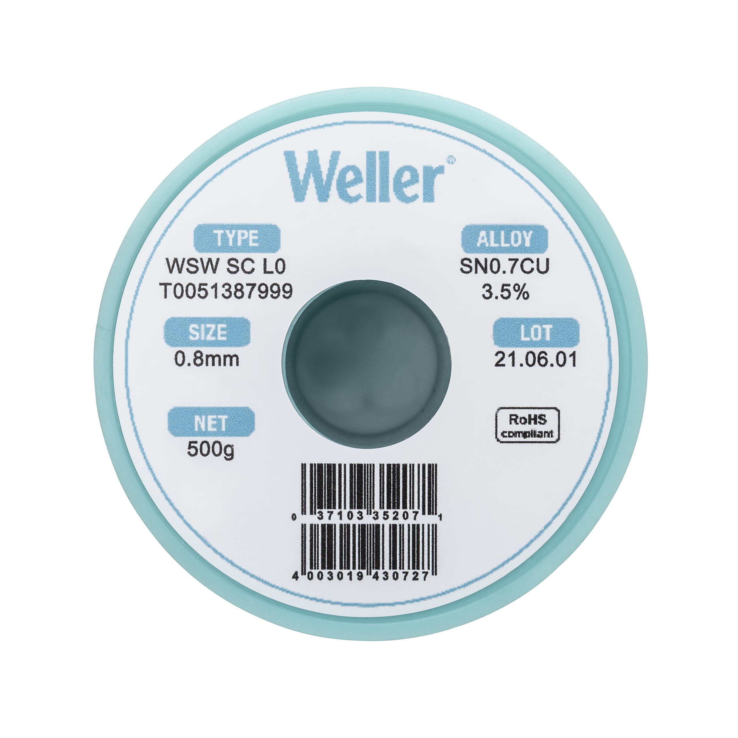 Weller Lead Free Solder Wire WSW SC L0 (T0051387999), Dia: 0.8 mm / 0.039 in, Wt: 500 g / 17.637 oz, Alloy Sn99.3Cu0.7, Flux content 3.5%