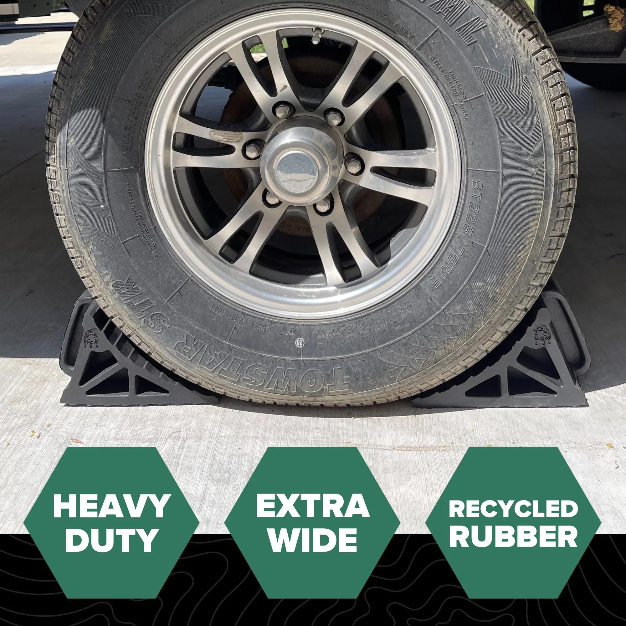 Heavy Duty EKON OX BLOX Wheel Chocks with Handle 2-Pack - Wide 6" Footprint with Grooves to Prevent Tires from Slipping - Campers, Trailers & RV Wheel Chocks - 100% Recycled Rubber Wheel Chocks