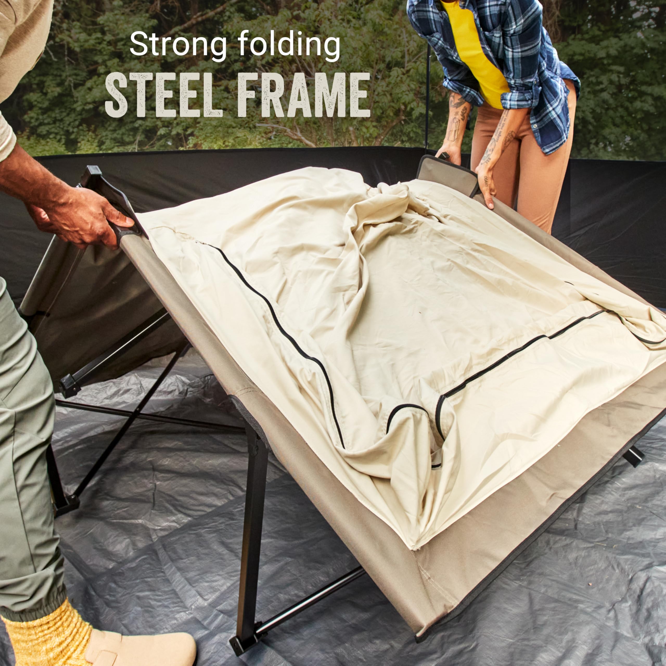 Queen-Size Coleman Airbed Cot Combination, Folding Air Mattress with Steel Frame & Side Table, Battery Pump Included, Great for Camping, Lounging, Elevated Sleeping, Guests, & More